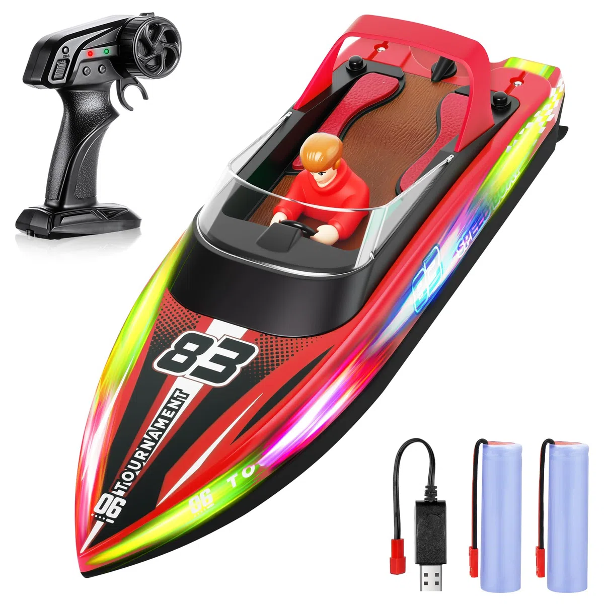 HOTUT Barca Telecomandata per Bambini, Impermeabile Barca da Corsa RC ad Alta Velocità da 2,4 GHz con Luce LED, Telecomando Barca Ricaricabile con Fantoccio, Motoscafo Giocattolo per Adulti e Bambini