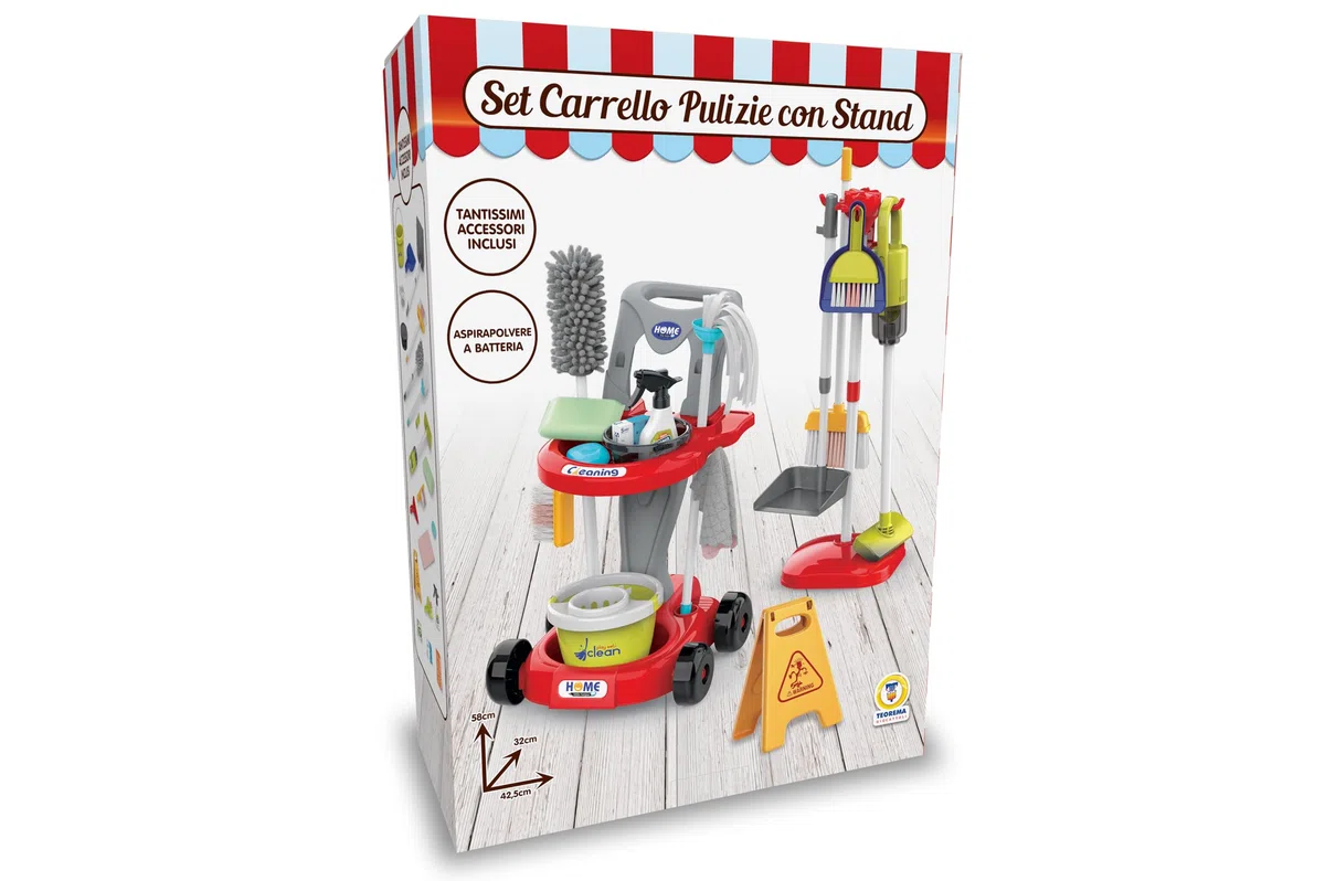 Teorema Giocattoli, Carrello per Bambini con Stand Porta Attrezzi, Set Pulizie Completo con Aspirapolvere Giocattolo a Batteria Funzionante, Scopa, Mocio e Tanti Accessori, Gioco di Imitazione, 58cm