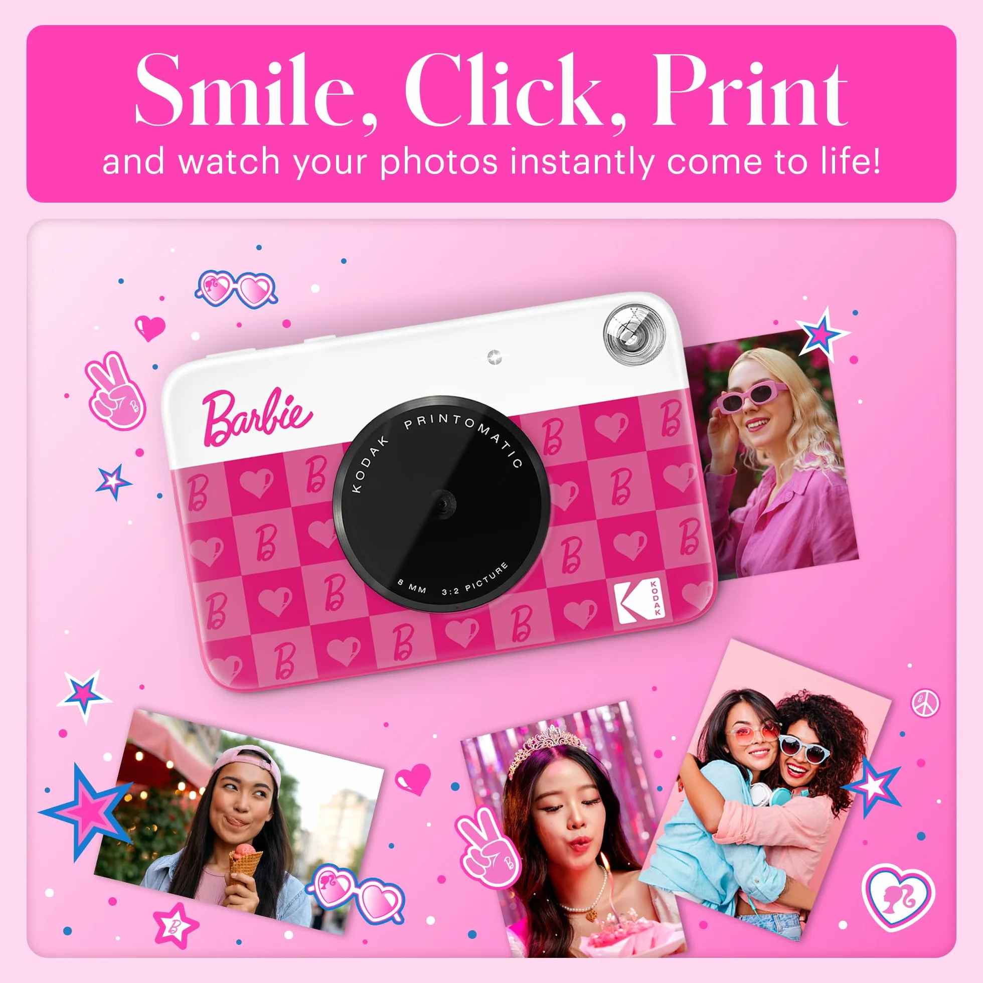 KODAK x Barbie Printomatic Fotocamera Digitale Istantanea a Colori Fotocamera Portatile Barbie da 5 MP, Carta Fotografica Adesiva Zink 2x3" (5,1x7,5 cm), Stile Iconico.