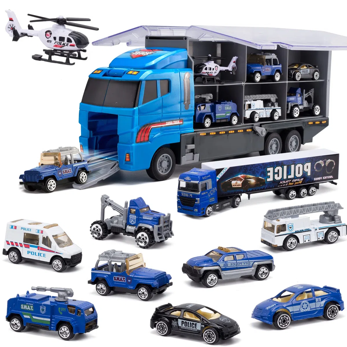 Camion Giocattoli Trasportatore di Polizia 10 in 1 con Maniglia, Set di Mini Veicoli in Plastica Pressofusa, Istruzione Prescolare per Bambini Regalo per Festa di Compleanno Party Natale