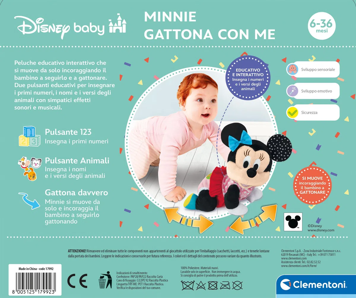 Clementoni Disney Baby Baby Minnie Gattona con Me, Minni Peluche per Imparare a Gattonare, Gioco Prima Infanzia Bambini 6-36 Mesi, Insegna Numeri e Versi degli Animali, Lingua Italiana, 17992
