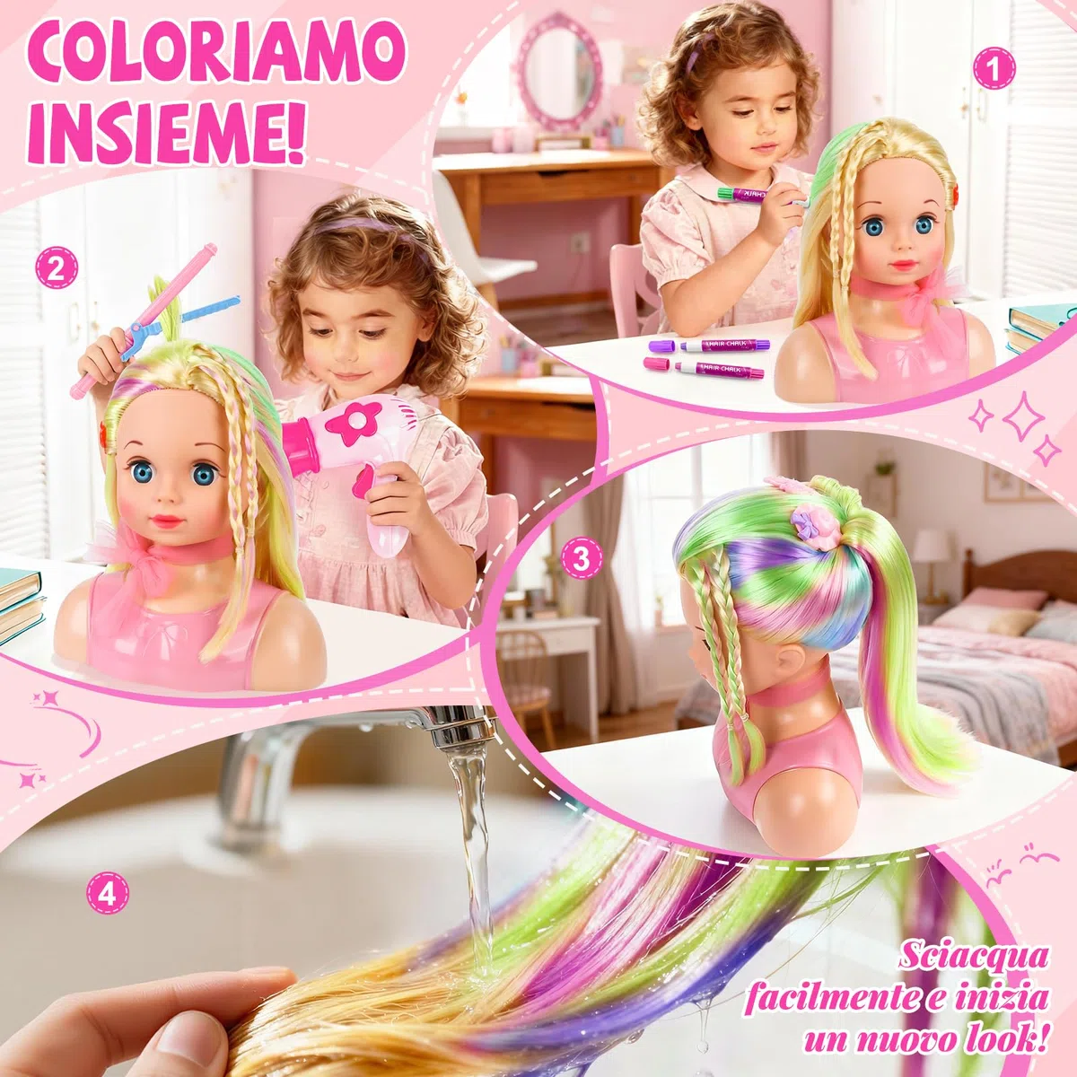 Testa Bambola da Truccare e Pettinare, Bambola Parrucchiere per Bambini, Lavabili Parrucchiere Testa Giocattolo con Forcine Regalo per Ragazze 4 5 6 7 8 Anni