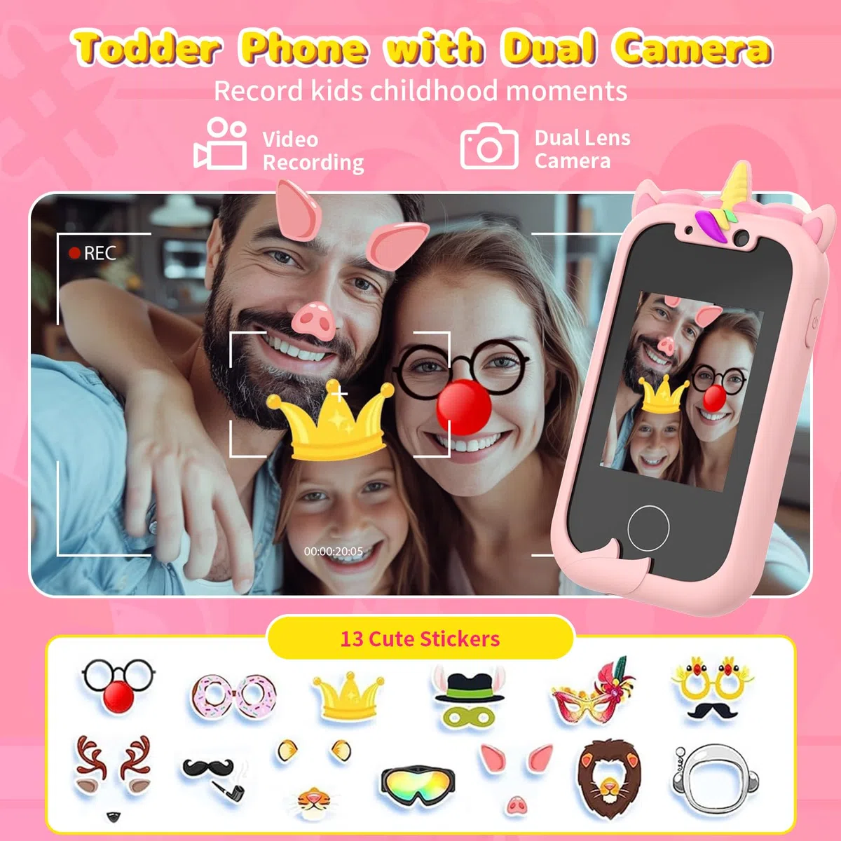 Ashfly Telefono Giocattolo per Bambini - Smartphone Per Bambini, Cellulare per Ragazze, Regalo Giocattoli per Bambina 3 4 5 6 7 8 9 10 anni Compleanno Natale, 2,4" Cellulare Giocattolo Educativo