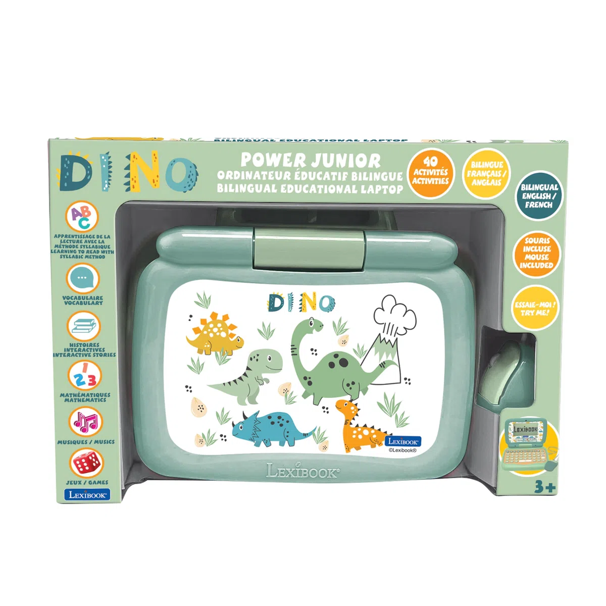Lexibook, Computer Portatile educativo bilingue INGLEI/Francese Dinosauro, 40 attività educative, JC398DINOi1