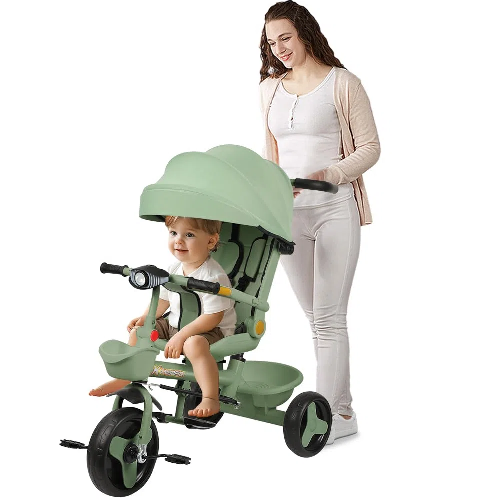 Triciclo bambini fino 25 kg, Passeggino con Maniglione regolabile, Bici, Sedile girevole Fronte Mamma e Strada, Cappottina pieghevole, Ruota libera,100 * 75 * 50 cm - Verde