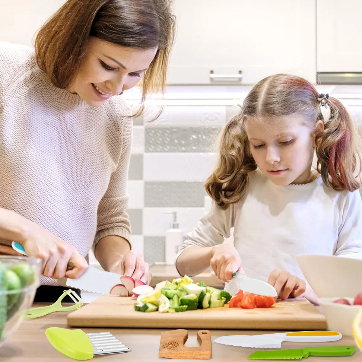Goodchef Set di coltelli da cucina per bambini, 8 pezzi, per tagliare e cucinare frutta o verdura per bambini, con coltello in legno