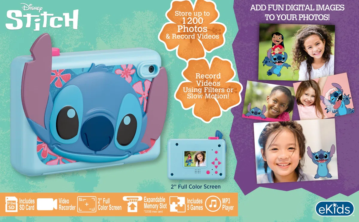 eKids Disney Stitch - Fotocamera digitale da 2 MP, schermo da 2 pollici, scheda SD da 512 MB, 5 giochi inclusi, colore: Blu