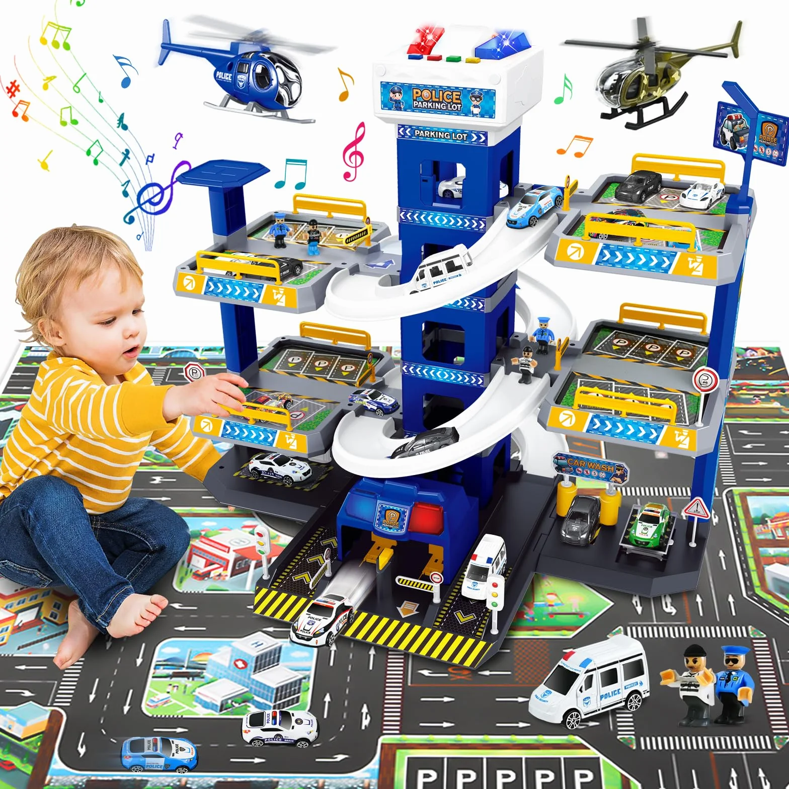 FORMIZON 5 Piani Parcheggio per Bambini dai 3 Ann, Parcheggio Macchinine con Garage, Ascensore, Rampe, Effetti Sonori e Luminosi, Garage Mmacchine per Bambini con 8 Autos e 3 Elicottero (Blu)