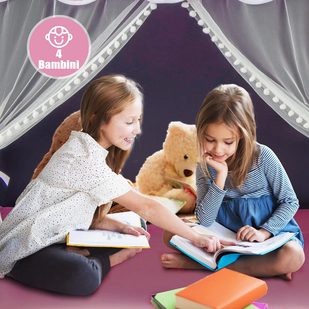 COSTWAY Tenda da Gioco per Bambini, Tenda Castello con Tappetino Lavabile, Luci a Forma di Stella, per Interno ed Esterno, 105 x 121 x 136 cm (Stile 2 Rosa)