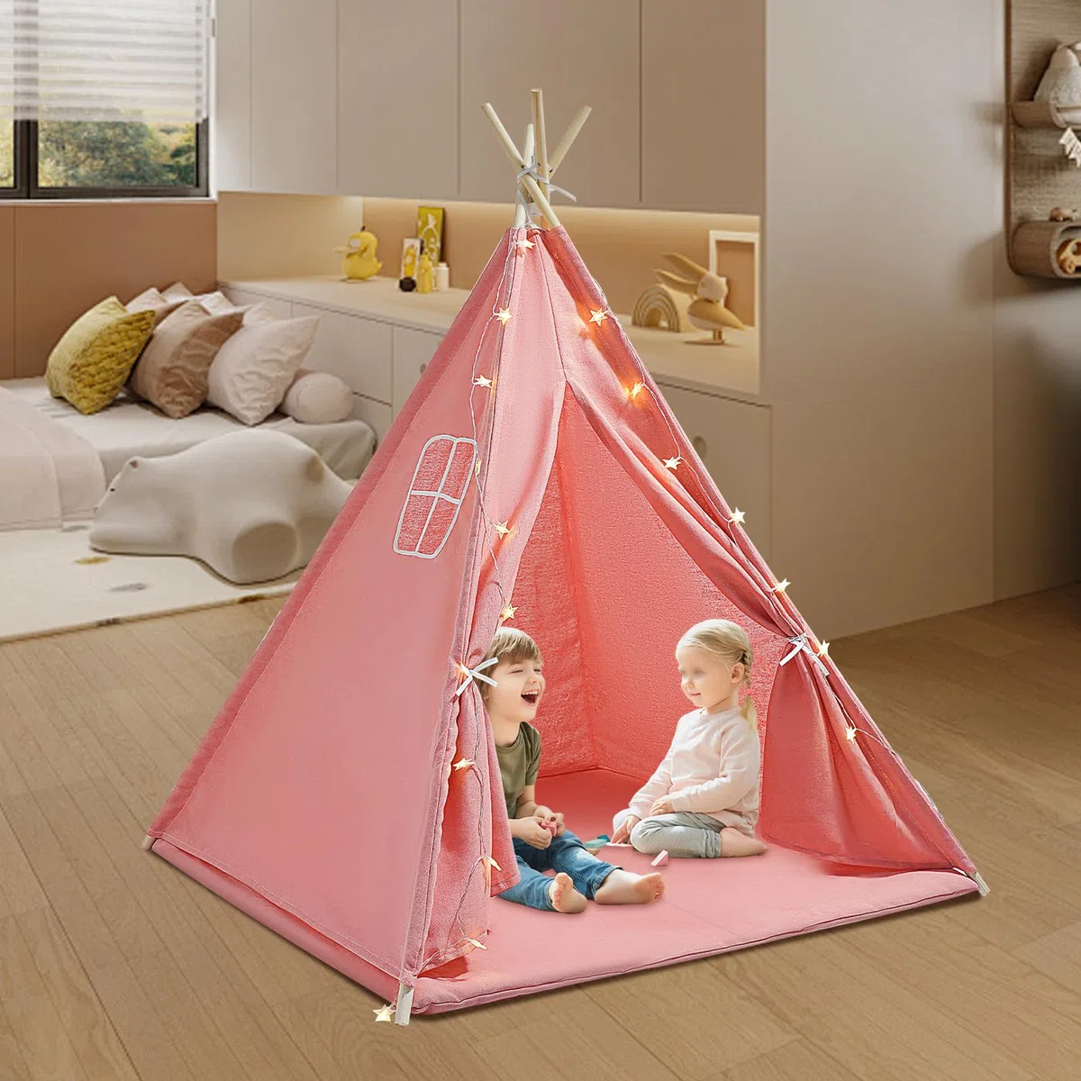 Tenda per bambini, tenda con luce, tenda da gioco per interni ed esterni, con imbottita, pieghevole, con catena luminosa, traspirante, in cotone e canapa (rosso)