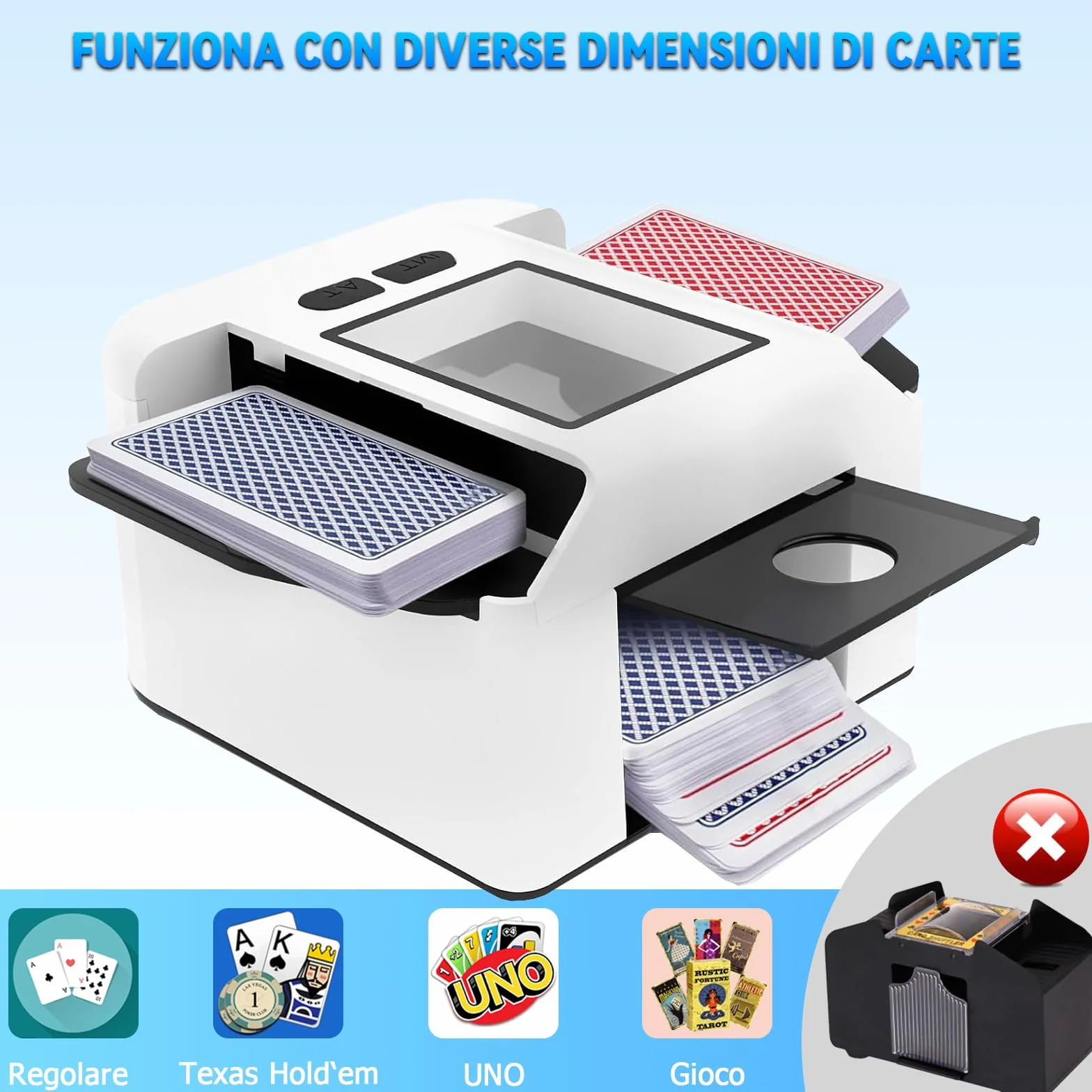 Mescolatore Automatico di Carte da Gioco, Mischiatore Elettrico Portatile per Schede di Diverse Dimensioni, 2000mAh Ricaricabile per Poker, Blackjack, Texas Hold'em (A-Bianco)