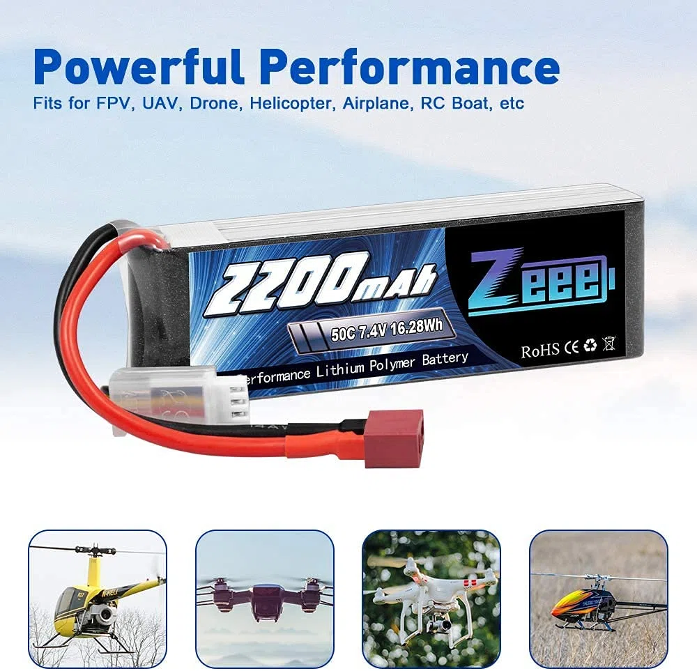 Zeee 2S Lipo 7,4V 50C 2200mAh Batteria RC con Connectore Deans T Spina per FPV Racing UAV Drone Veicolo a quattro assi elicottero RC Nave Veicolo Modells (2 pezzi)