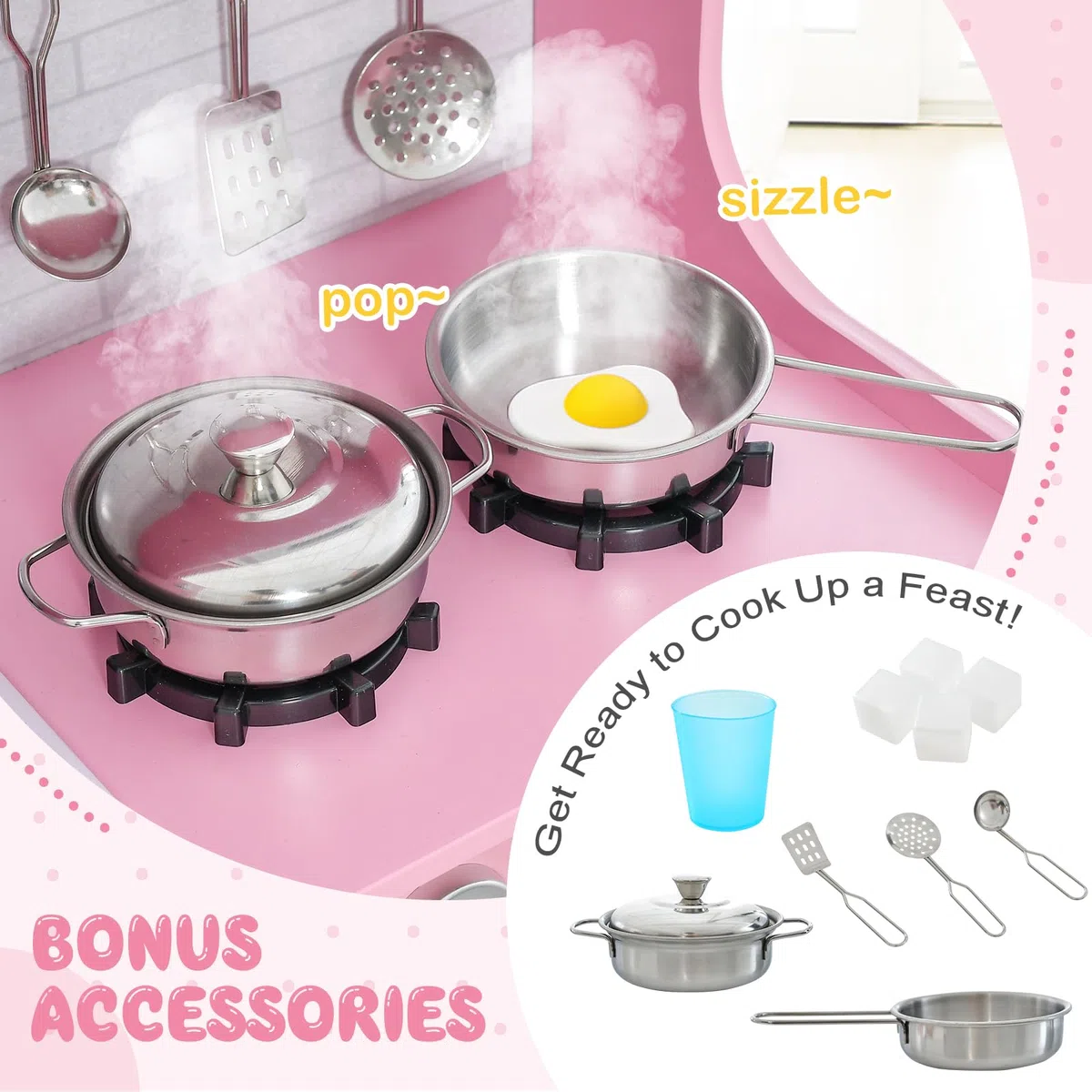 HOMASIS Cucina Giocattolo con 10 Accessori, Cucina in Legno per Bambini con Suoni con Lavagna, Lavello, Fornelli, Macchina del Gelato, Telefono, Cucina per Bambini dai 3 Anni (Rosa)