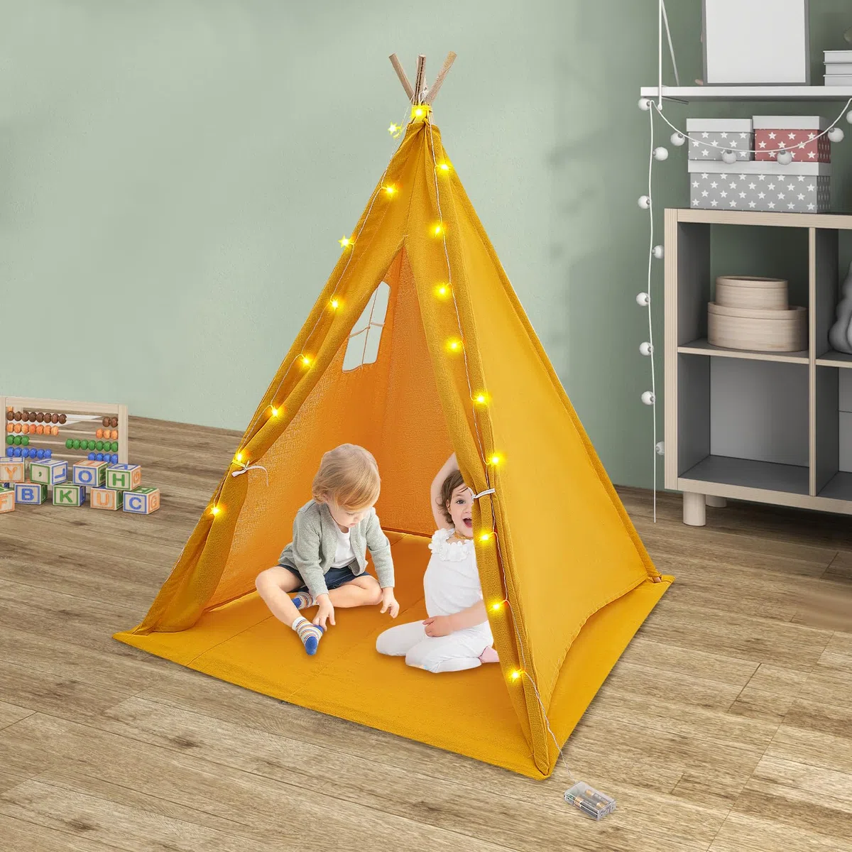 Tipi Tenda per bambini, 120 x 120 x 140 cm, Tippi, tenda da gioco pieghevole, per bambini, per interni ed esterni, per cameretta dei bambini, con catena luminosa opaca (giallo)