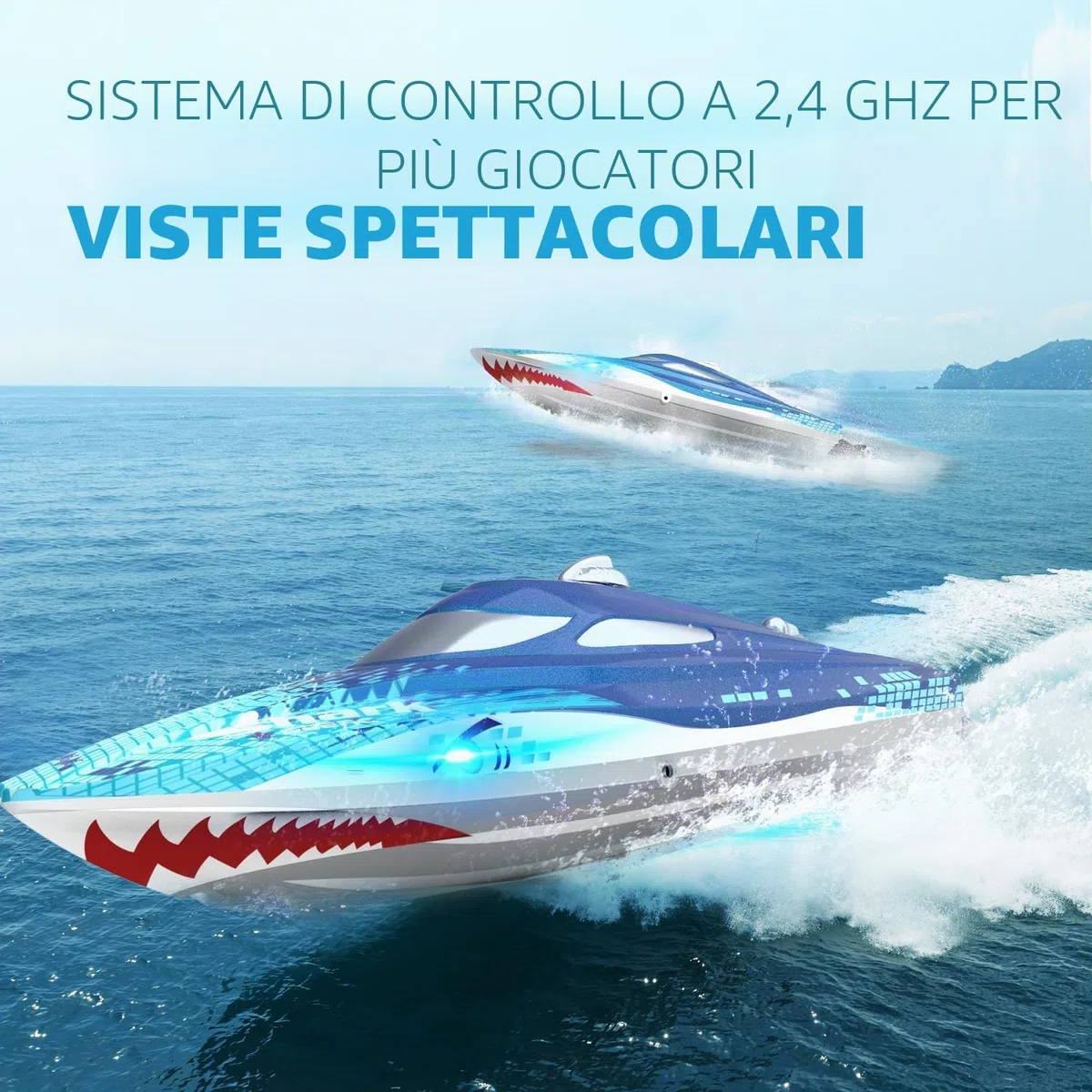 DEERC Barca RC con luce LED, barca a squalo telecomandata per piscine e laghi, barca radiocomandata da 20 km/h, barca da corsa da 2,4 GHz