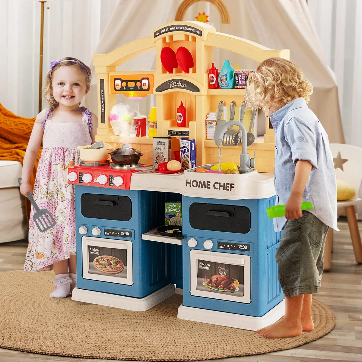 COSTWAY Cucina Giocattolo per Bambini, Cucina per Bambini con Forno, Microonde, Lavello e Rubinetto, Funzione Luci e Suoni, Vapore e Ebollizione, 69 Accessori, per 3+ Anni (Blu)