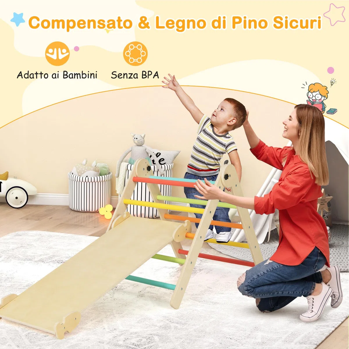 COSTWAY 3 in 1 Set da Arrampicata per Bambini, Giocattoli da Arrampicata Triangolari Pieghevoli, Altezza Regolabili, con Scivolo/Rampe da Arrampicata, Carico 60 kg (Colorato)