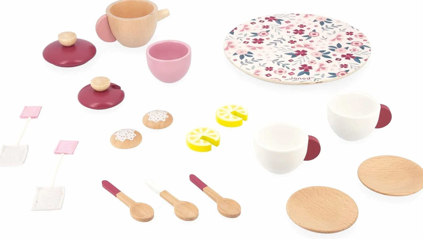 Janod - Servizio da tè Twist - 16 Accessori Legno e Feltro - Giocattolo di Imitazione - Servizio tè Bambini - in Legno FSC - dai 2 Anni, J06631