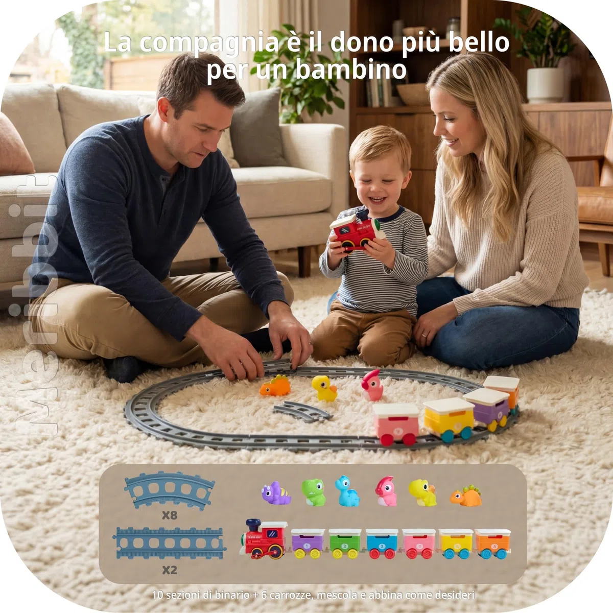Trenino con Binari, Luci ed Effetto Vapore, Dinosauri Marionette da Dito, Giocattoli Montessori Sensoriali, Gioco Educativo per Bambini 2 Anni, Regalo 1-3 Anni