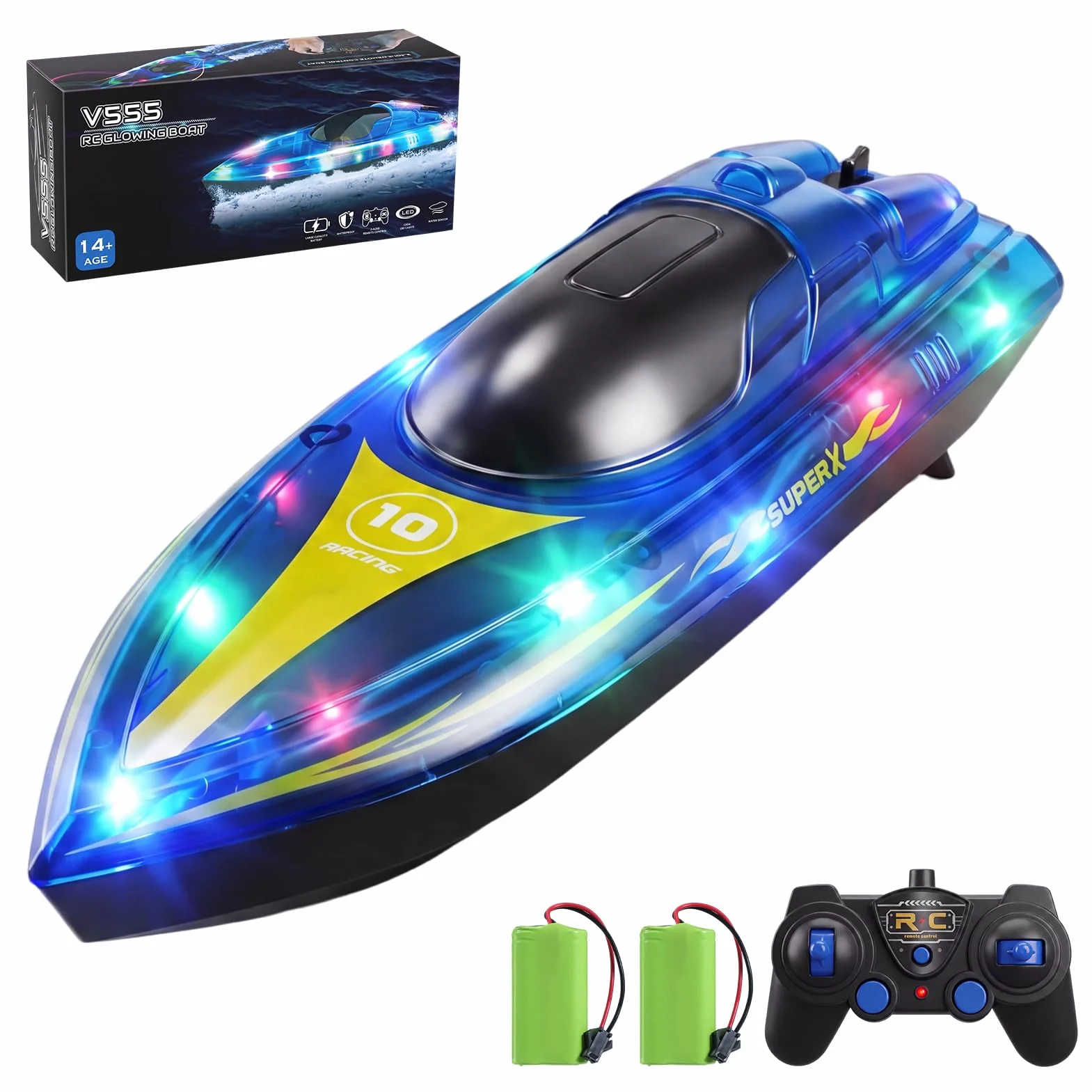 Barca Telecomandata, 2.4GHz Barca Radiocomandata, 15KM/H Motoscafo Telecomandato on Luce LED, 2 Batterie per 90 Min, Allarme Batteria, RC Boat per Piscine e Laghi, per adulti e bambini sopra i 14 anni