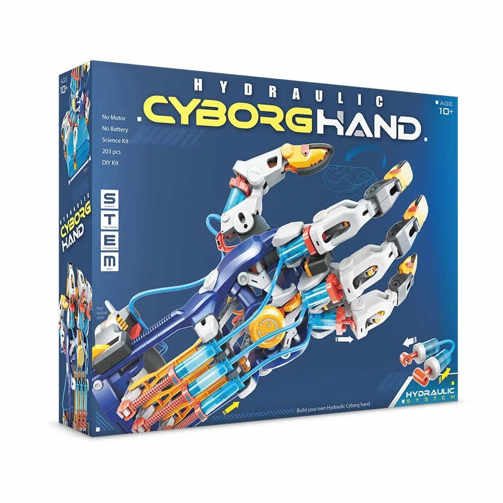 Mega Cyborg Hand kit idraulica da montare, età 7+, regolabile per destro o sinistro, adattabile alla mano, cilindri e pistoni idraulici a acqua, solleva fino a 600g, comprende 5 esperimenti STEM