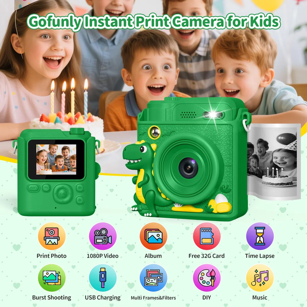 Gofunly Macchina Fotografica Bambini Istantanea, Fotocamera Istantanea 1080P HD Schermo per Bambini con 32GB Scheda, Fotocamera Digitale Regalo per Ragazze Ragazzi da 3-12 Anni