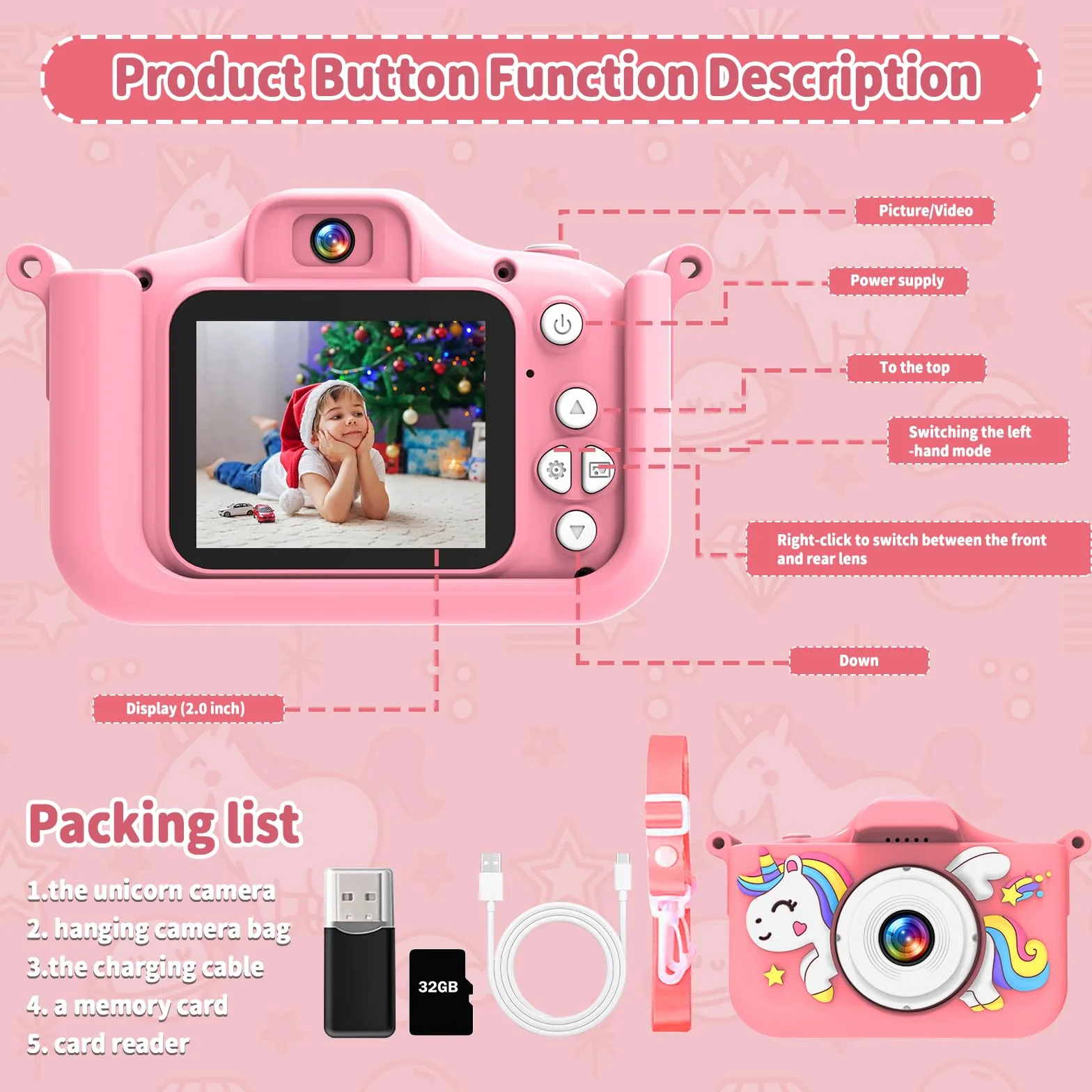 Macchina Fotografica Bambini Unicorno, con 32 GB Schede e Lettore di Schede USB, Fotocamera Giocattoli per Ragazze, Regali di Natale e Compleanno per Bambini dai 3 ai 12 Anni(Rosa)