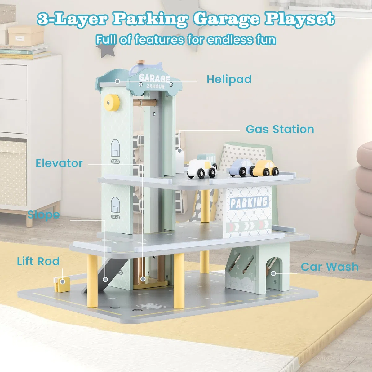 HOMASIS Set di garage a 3 piani, parcheggio in legno con 4 auto, eliporto, stazione di servizio, ascensore, lavaggio auto, garage giocattoli di ruolo per bambini dai 3 anni in su, 50 x 40 x 47 cm,