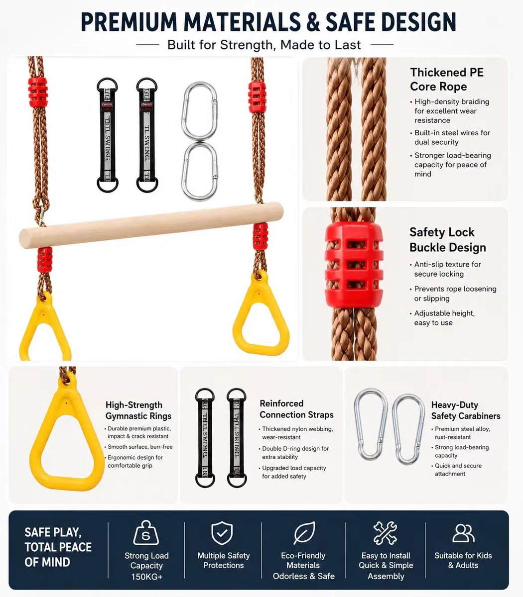 Multifunzionale Altalena a trapezio in legno, Morwealth Altalena Fitness Ring, con anelli in plastica anelli per ginnastica anelli per bambini fino a un carico di 120 kg