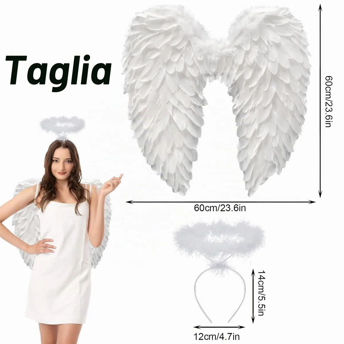 60 cm, ali d'angelo bianche con alone, ali d'angelo, angelo di piuma, ali d'angelo, per donne e ragazze, costume per feste di carnevale, travestimento