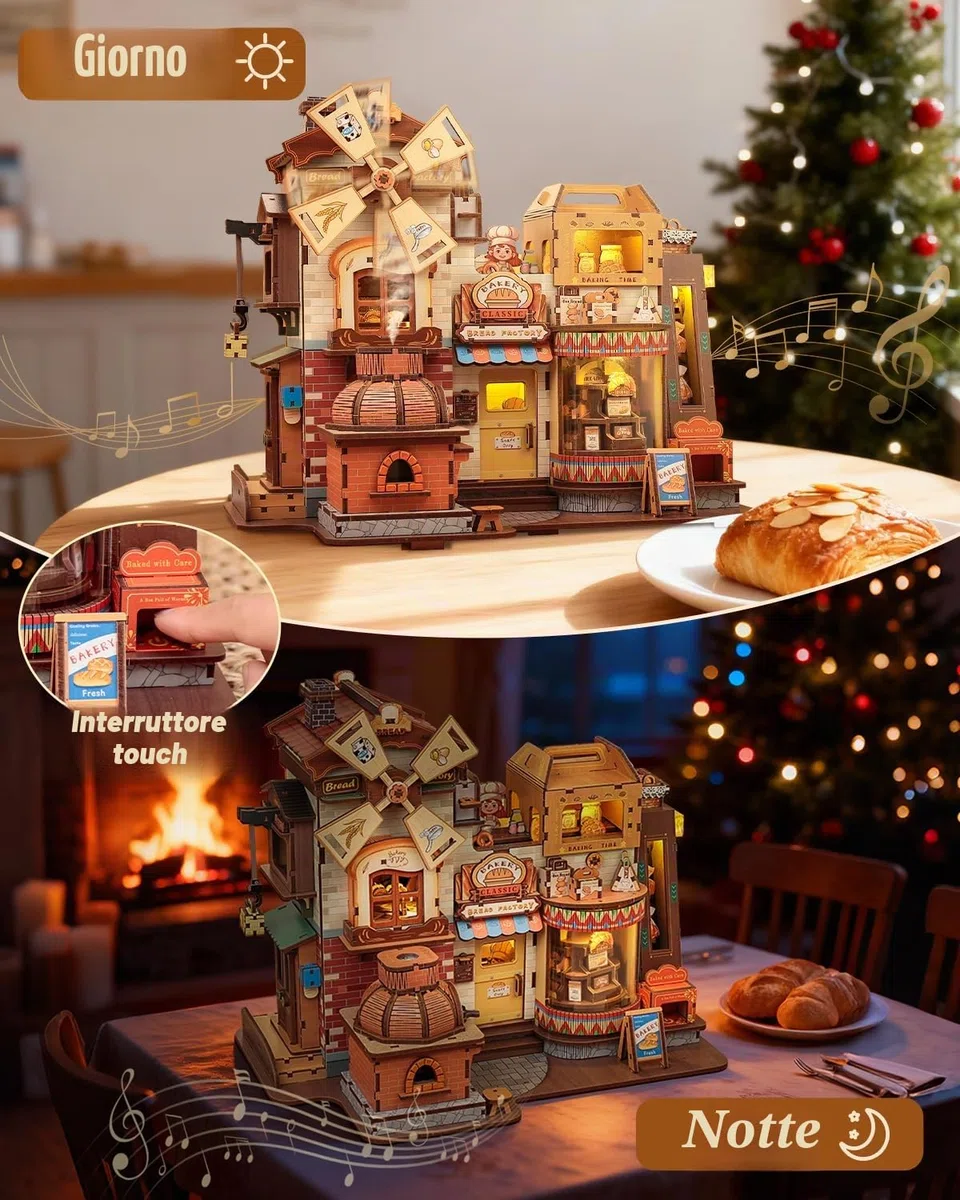 CUTEBEE Puzzle 3D Legno Bread Factory – Modellismo da Costruire Adulti con Luci LED, Musica e Meccanismi Rotanti, Kit 576 pezzi, Miniature da Costruire, Decorazione per Libreria, Regalo Creativo
