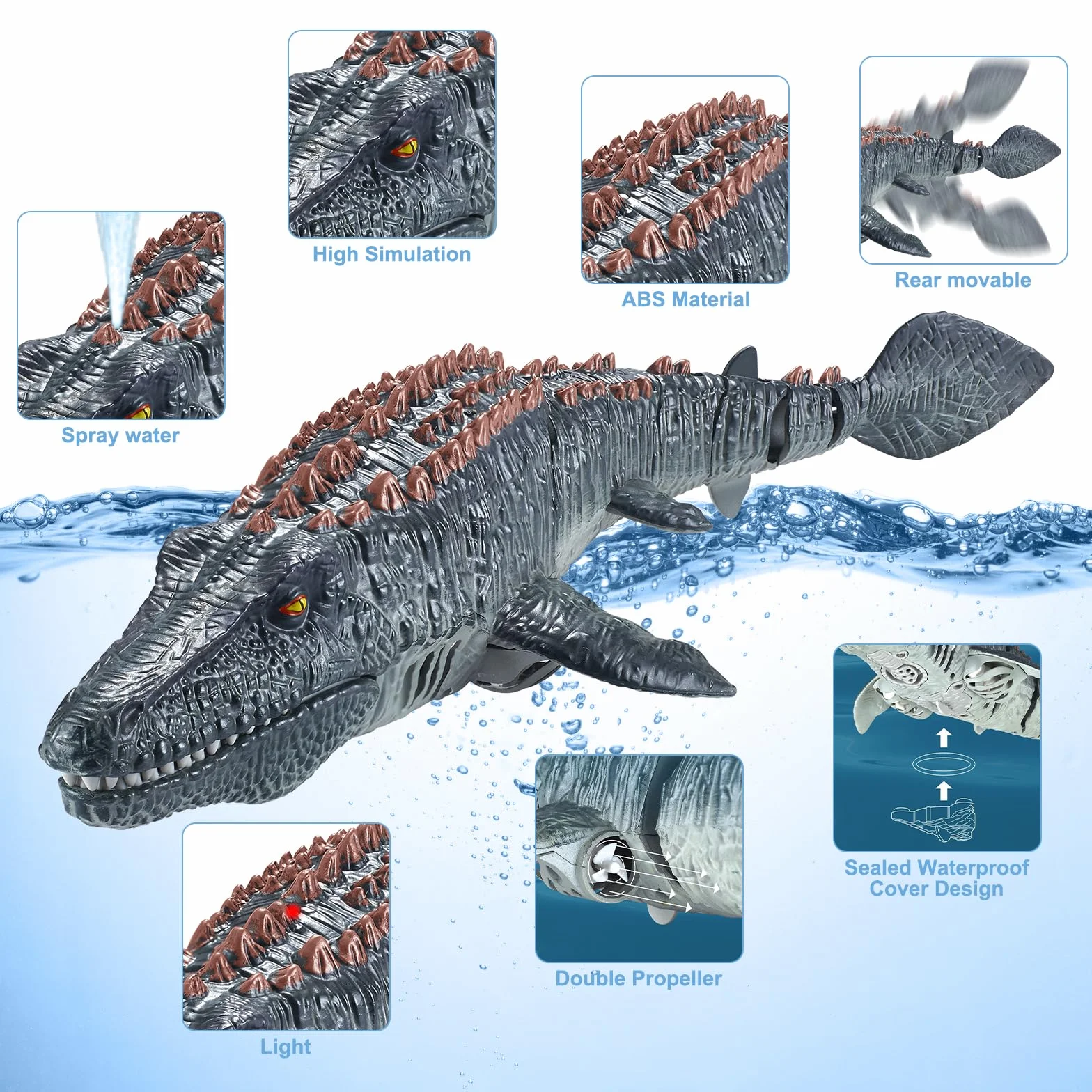 2.4GHz Barca Telecomandata Mosasaurus con Luce & Spray, Doppio Eliche RC Barca Telecomandata Dinosaur per Bambini, RC Squalo Motoscafo, Piscine e Laghi Giocattolo Spruzzare Acqua (grigio)
