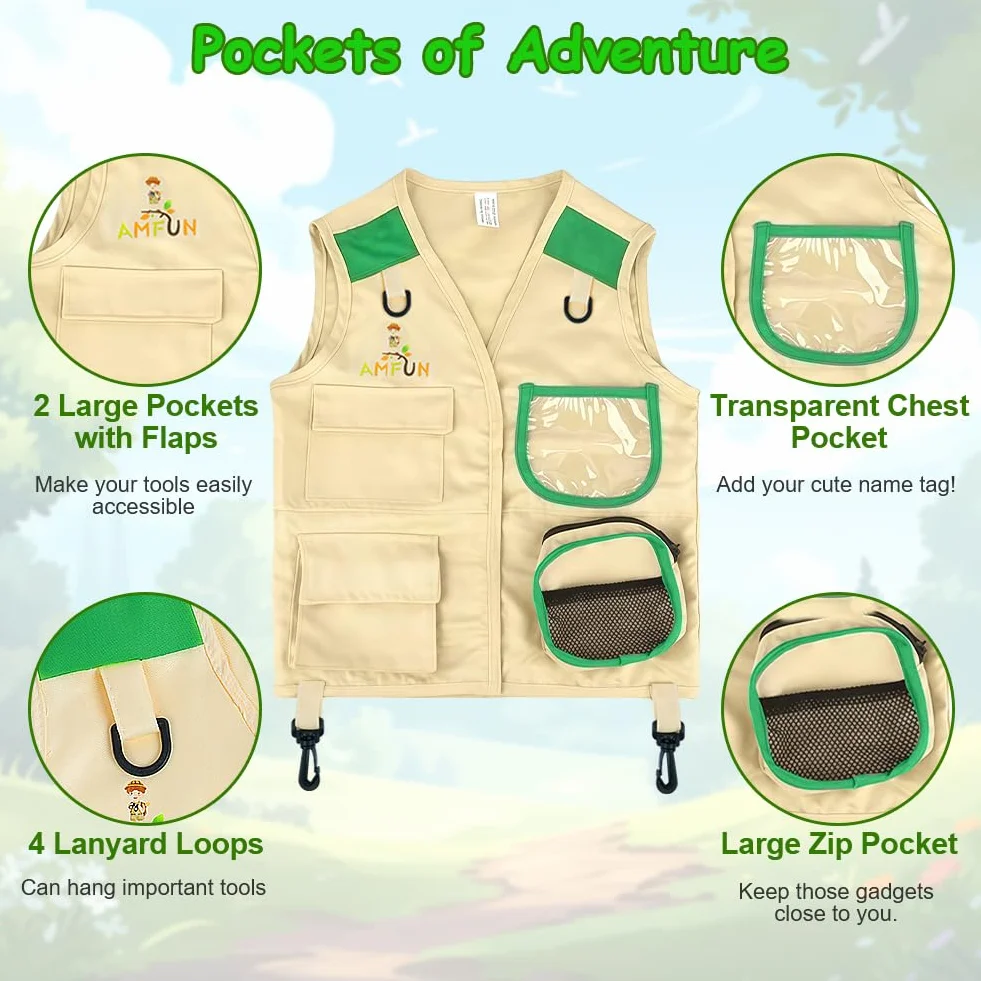25 Pezzi Kit Esploratore da Esterno per Bambini, Binocolo Giocattolo per Bambini, Torcia, Lente d'Ingrandimento, Zaino