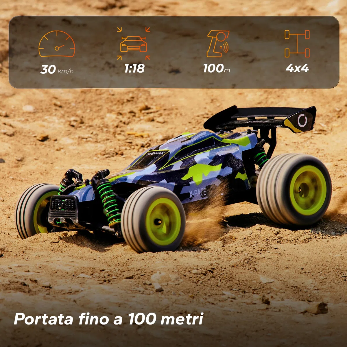 Overmax X-Pace Macchina telecomandata Auto RC Grandi dimensioni, Velocità fino 30km/h Portata fino 100Metri, Trazione 4x4, Senza ricarica fino 30minuti, Sospensione molla, Solida struttura 2 Batterie