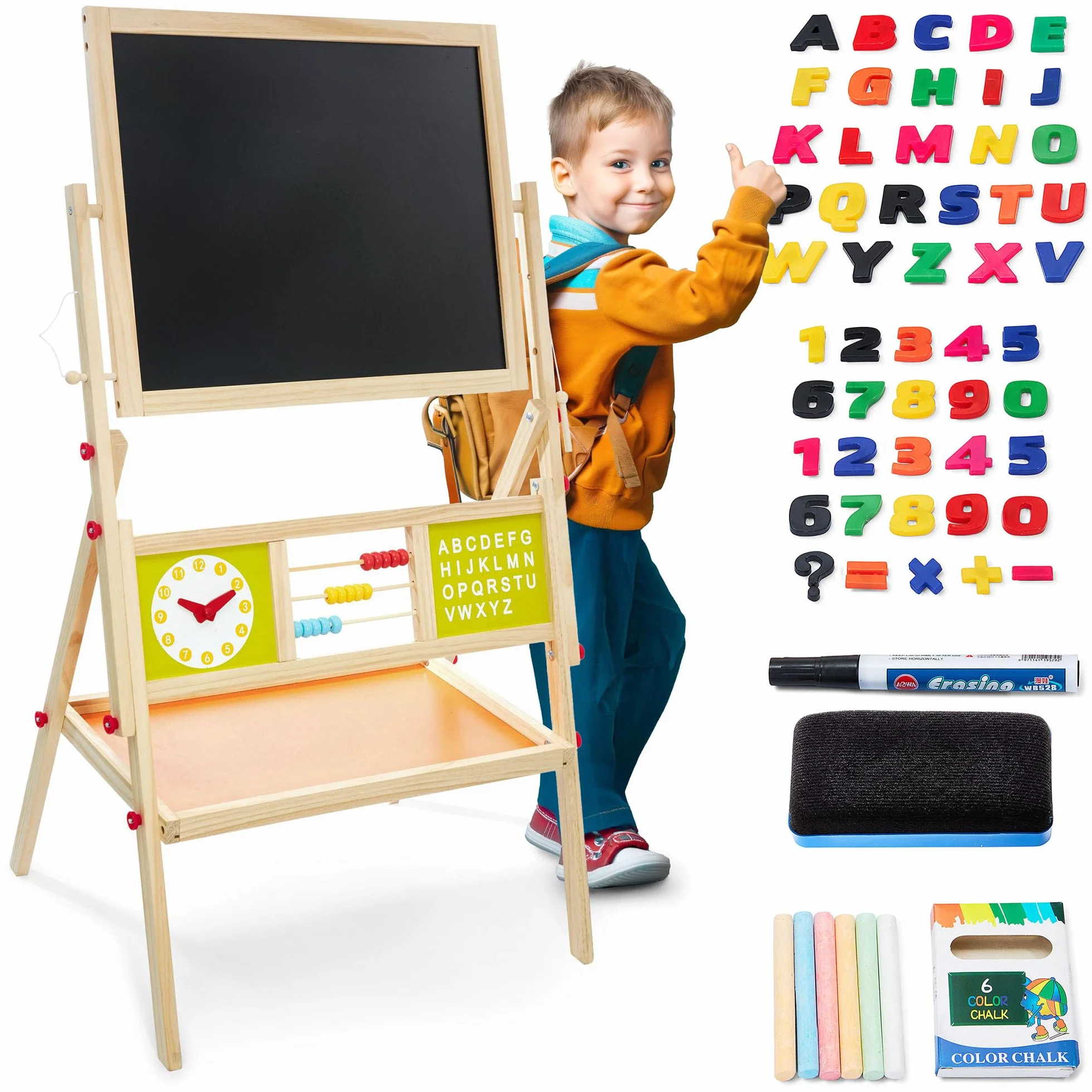 Mamabrum Lavagna Bambini con Cavalletto Bifacciale, Lavagna per Bambini, Magnetica e Gesso, Lavagnetta Cancellabile 98 x 45 x 42 cm, Gessetti, Pennarello, Spugna, Letterine e Numeri Magnetici