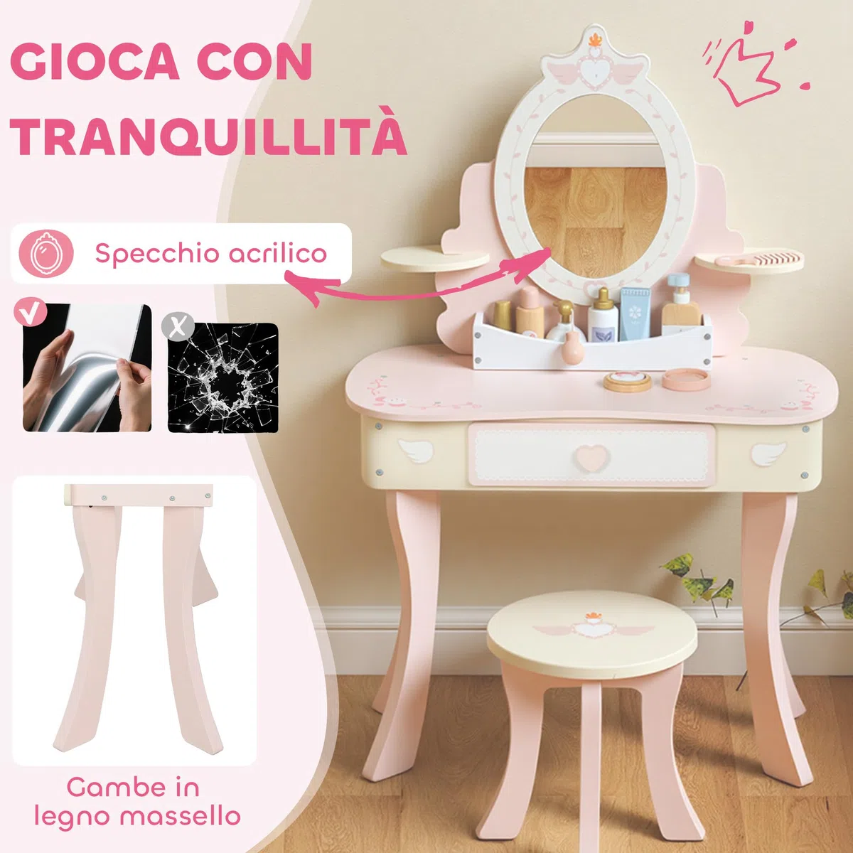 AIYAPLAY Set Toeletta con Specchio e Sgabello in Legno per Bambini, Tavolo da Trucco 2 in 1 Convertibile in Scrivania, 7 Accessori Inclusi, Rosa