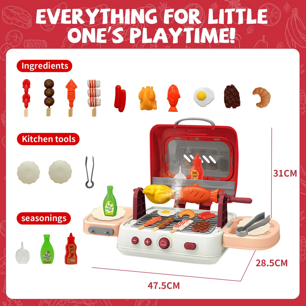 Set di giocattoli per barbecue per bambini con rumori di fumo e luce, accessori da cucina, barbecue interattivo, per bambini dai 3 agli 8 anni (RED)