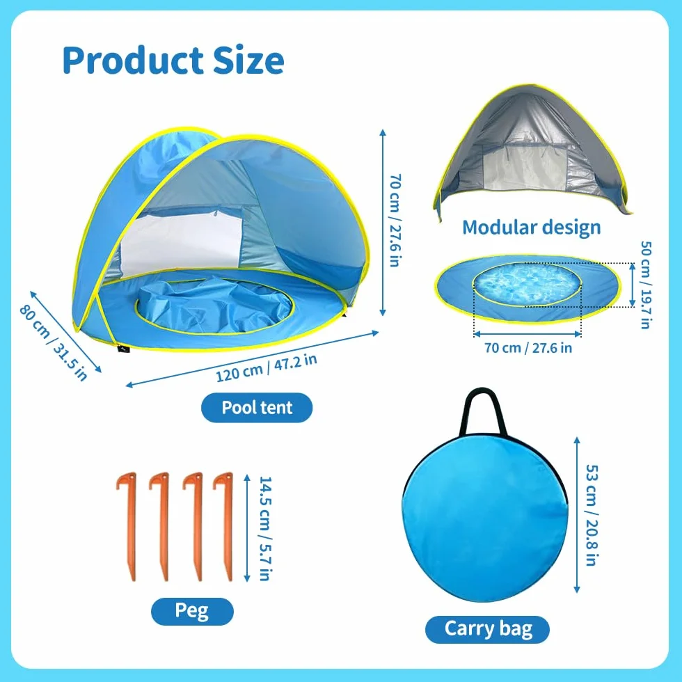 Tenda da Spiaggia Bambini, Tenda Spiaggia con Protezione UV 50, Parasole da Spiaggia con Mini-Piscina, Borsa per il Trasporto e Picchetti, Finestra con Cerniera