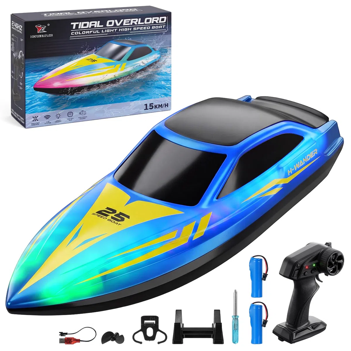 RC Barca Telecomandata Veloce 15 km/h, 2 Ore di Autonomia, Auto-Raddrizzante, 2.4GHz, Luci LED, Impermeabile per Piscina e Lago, Giocattolo Barca da Corsa 26cm per Bambini e Adulti