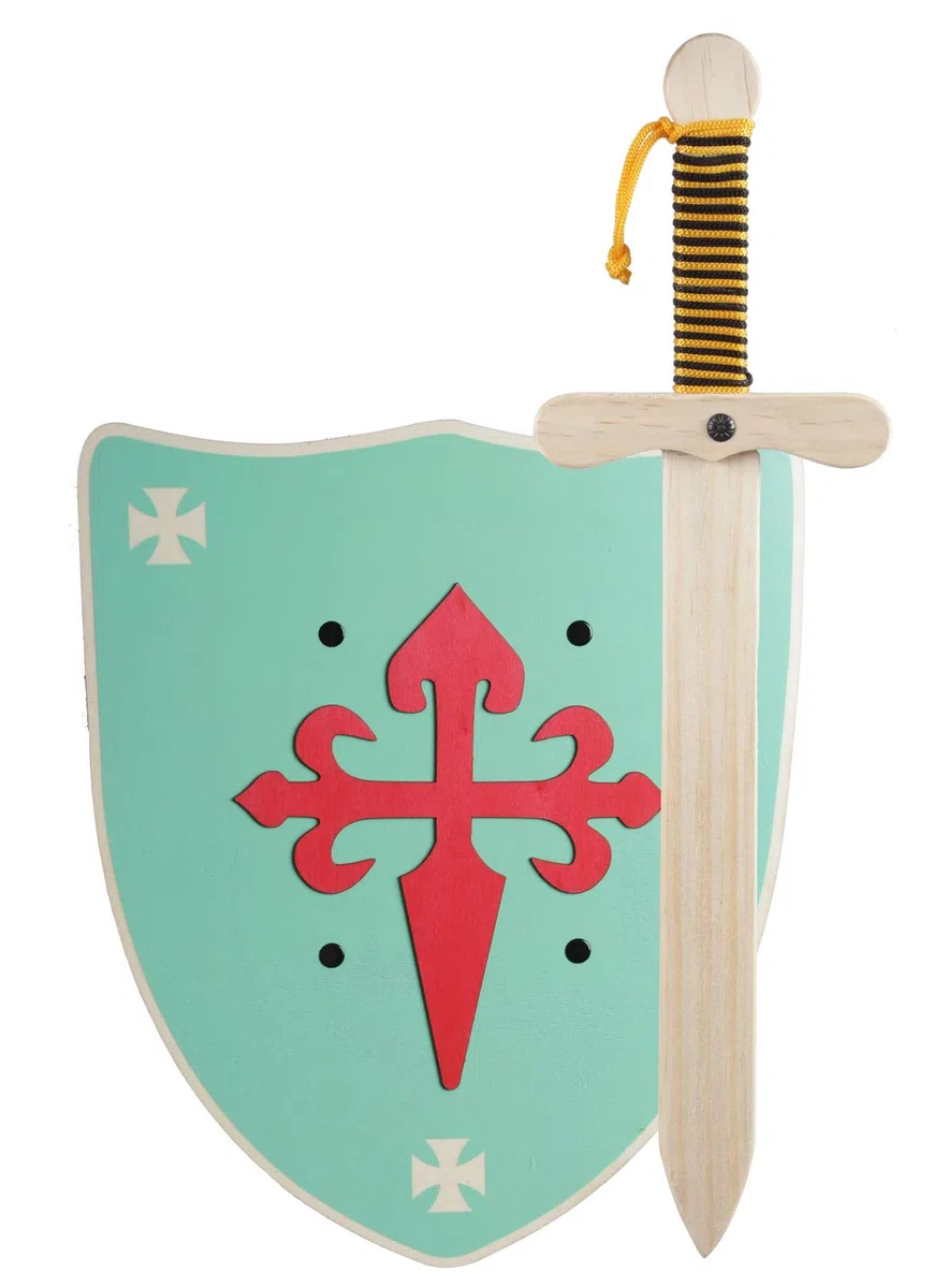 Spada e Scudo da Cavaliere in Legno Fatti a Mano - Giocattolo Bambino, Bambina, Bambini - Complemento Giochi, Giochi Imitazione, Costume, Medievale, Guerriero, Festa Tema, Medioevo (Scudo Verde XL)