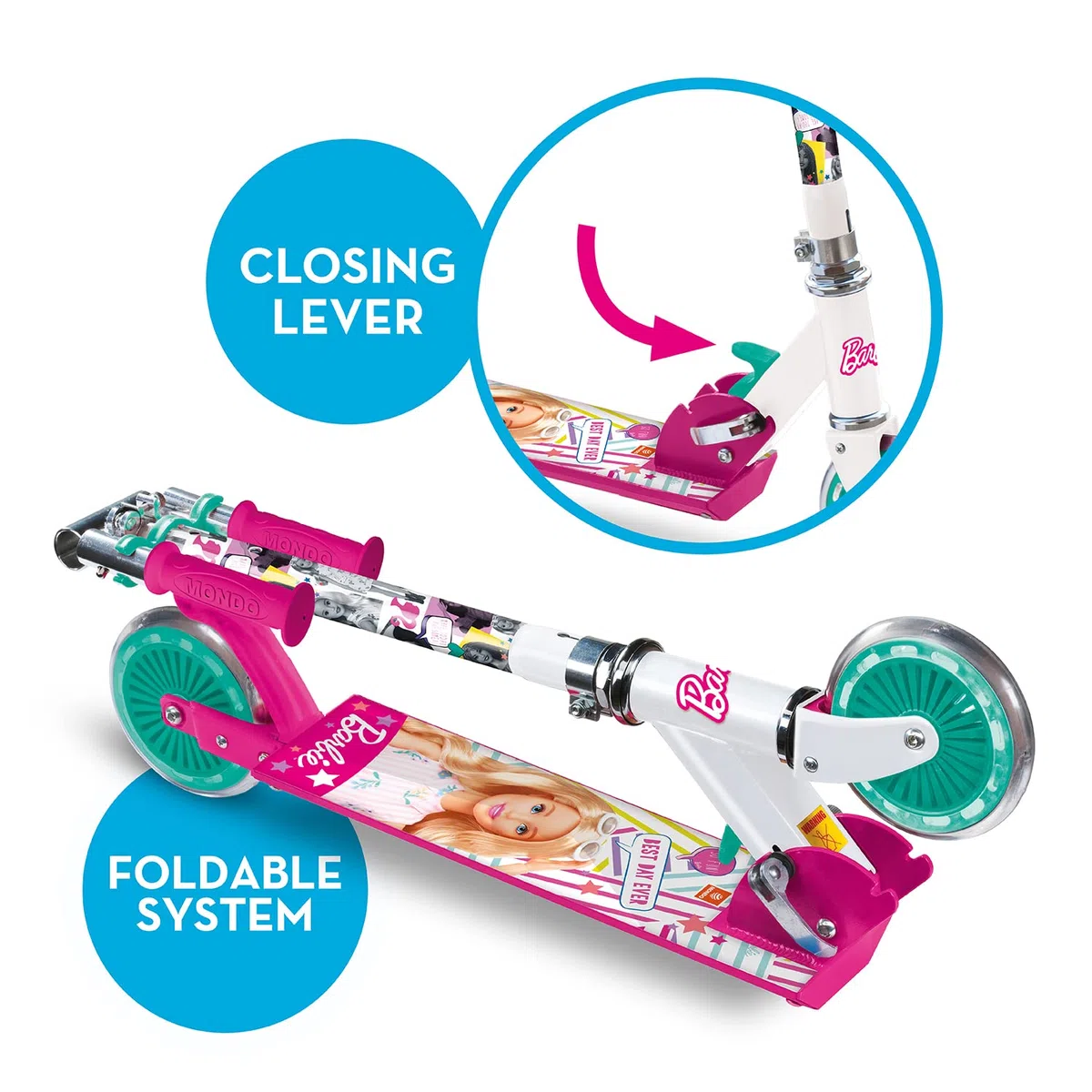 Mondo Toys - Monopattino in alluminio per bambino bambina Mattel Barbie - manubrio regolabile - scooter a 2 ruote - 18081