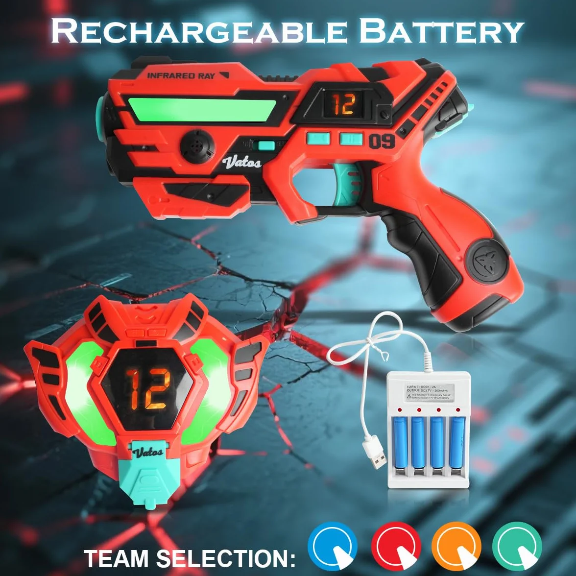 VATOS Laser Tag ricaricabile - Set di Laser Tag a infrarossi con sincronizzazione dei dati in tempo reale, gioco di tiro per 4 giocatori per bambini e ragazzi di età compresa tra 6 e 12 anni
