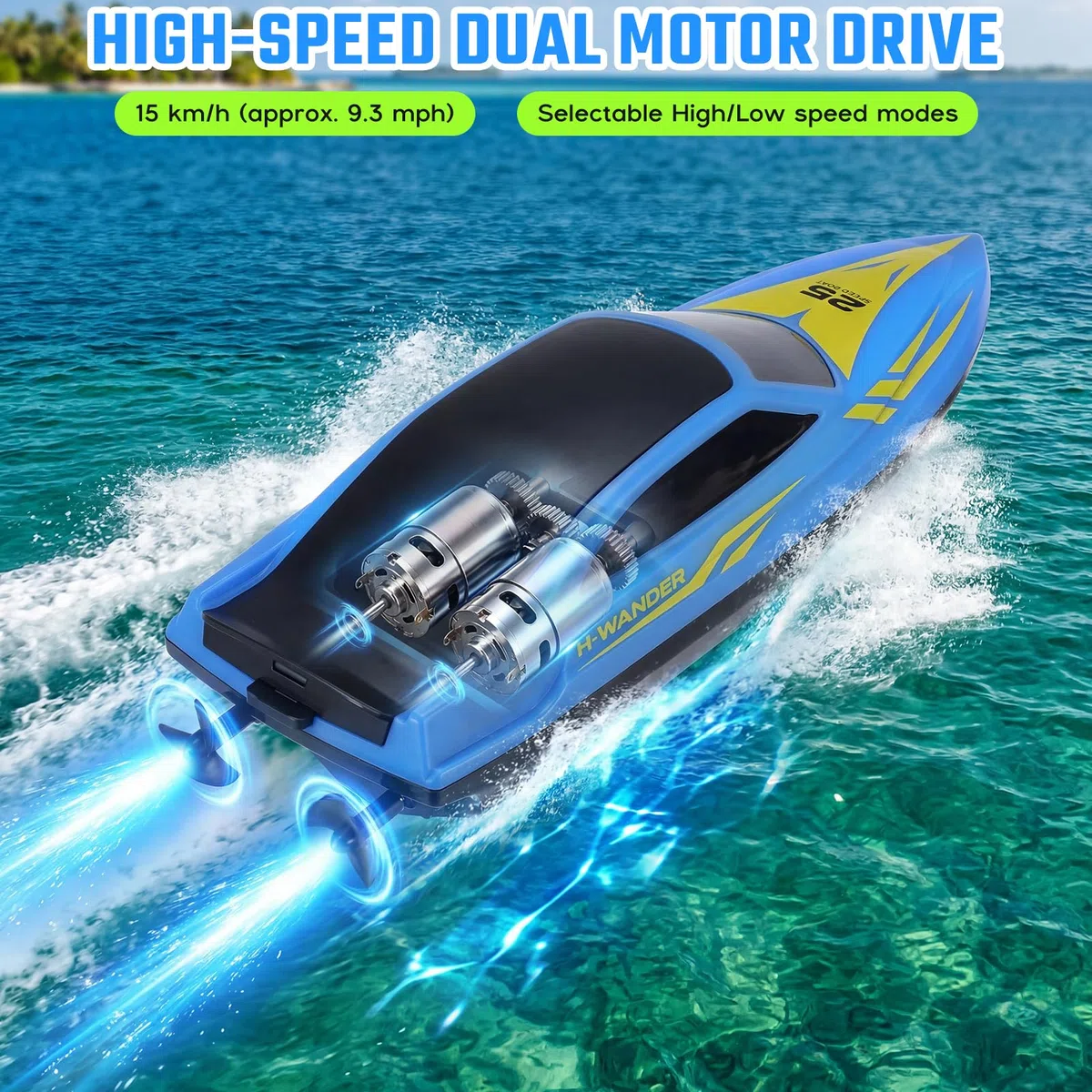RC Barca Telecomandata Veloce 15 km/h, 2 Ore di Autonomia, Auto-Raddrizzante, 2.4GHz, Luci LED, Impermeabile per Piscina e Lago, Giocattolo Barca da Corsa 26cm per Bambini e Adulti