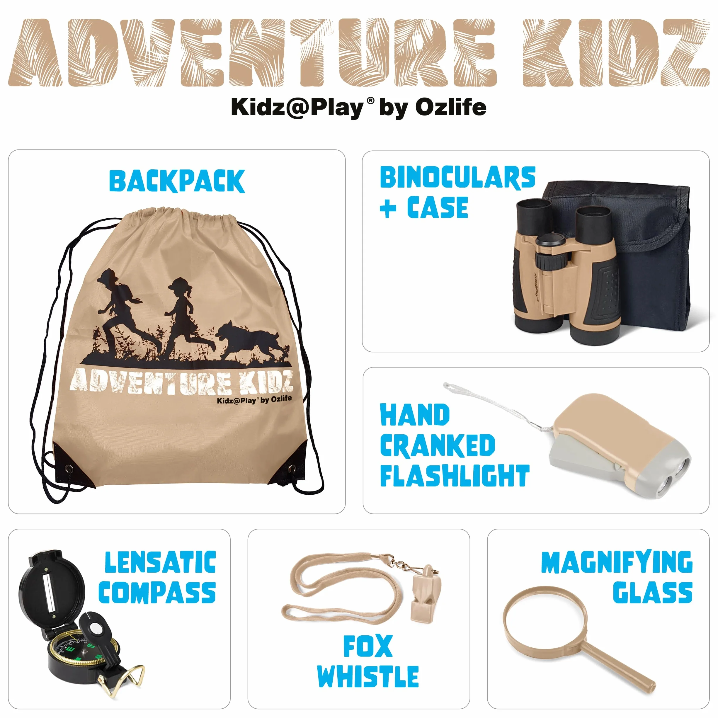 Tan Adventure Kidz - Kit per esplorazione all'aperto, binocolo, torcia, bussola, fischietto di volpe, lente d'ingrandimento, zaino, ottimo set regalo per giochi di simulazione