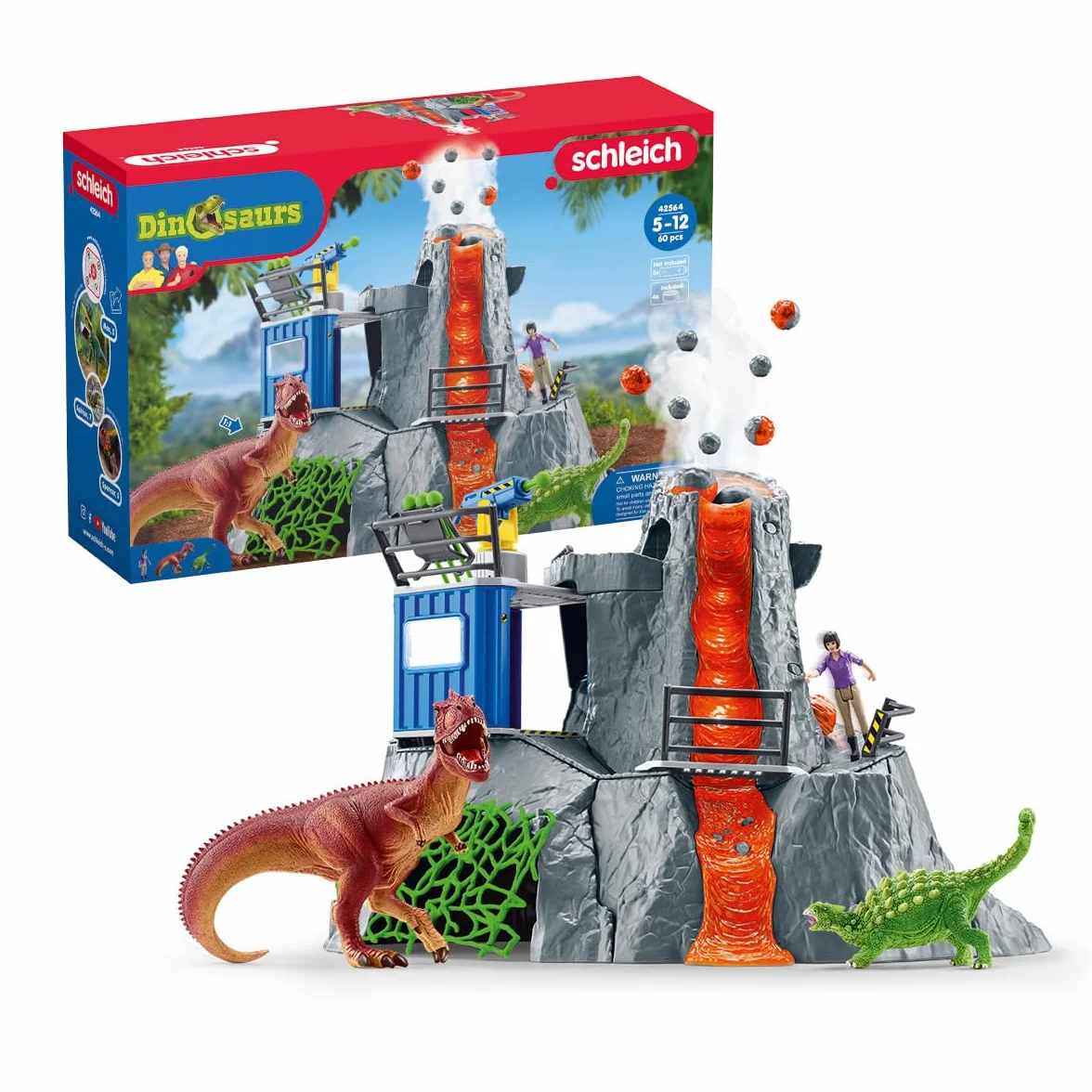 SCHLEICH DINOSAURS 42564 - Set di giocattoli a forma di dinosauro, con vulcano con luce LED e funzione di scoppio, figura ricercatrice e 2 figure di dinosauro, età consigliata: 5-12 anni