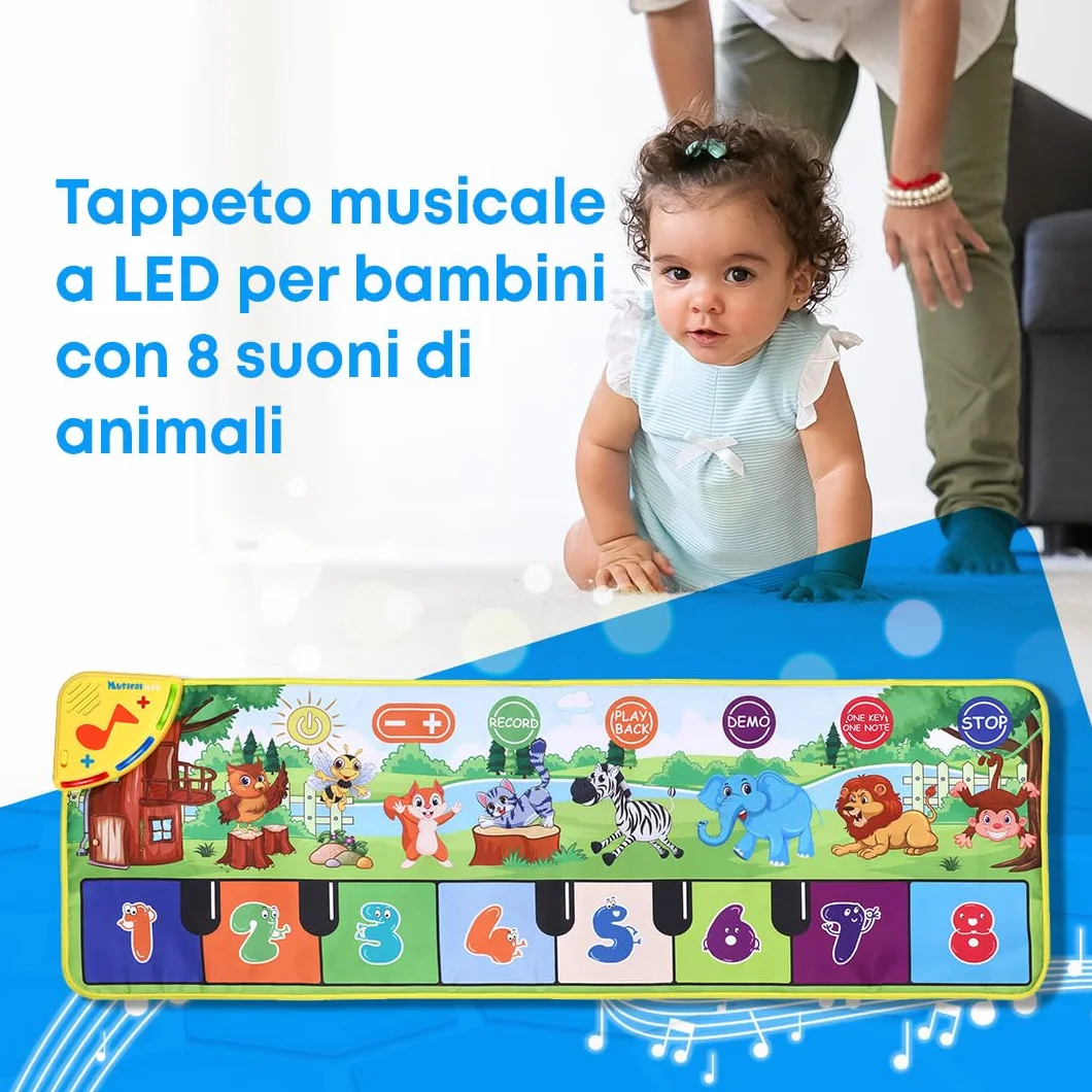 NK Tappetino Musicale per Bambini con 8 Suoni di Animali LED - Gioco Regali Bambino 3 4 5 annos, Tappeto Pianoforte Musicale Montessori, Regalo Natale e Compleanno, Funzione Record/Playback (110x36cm)
