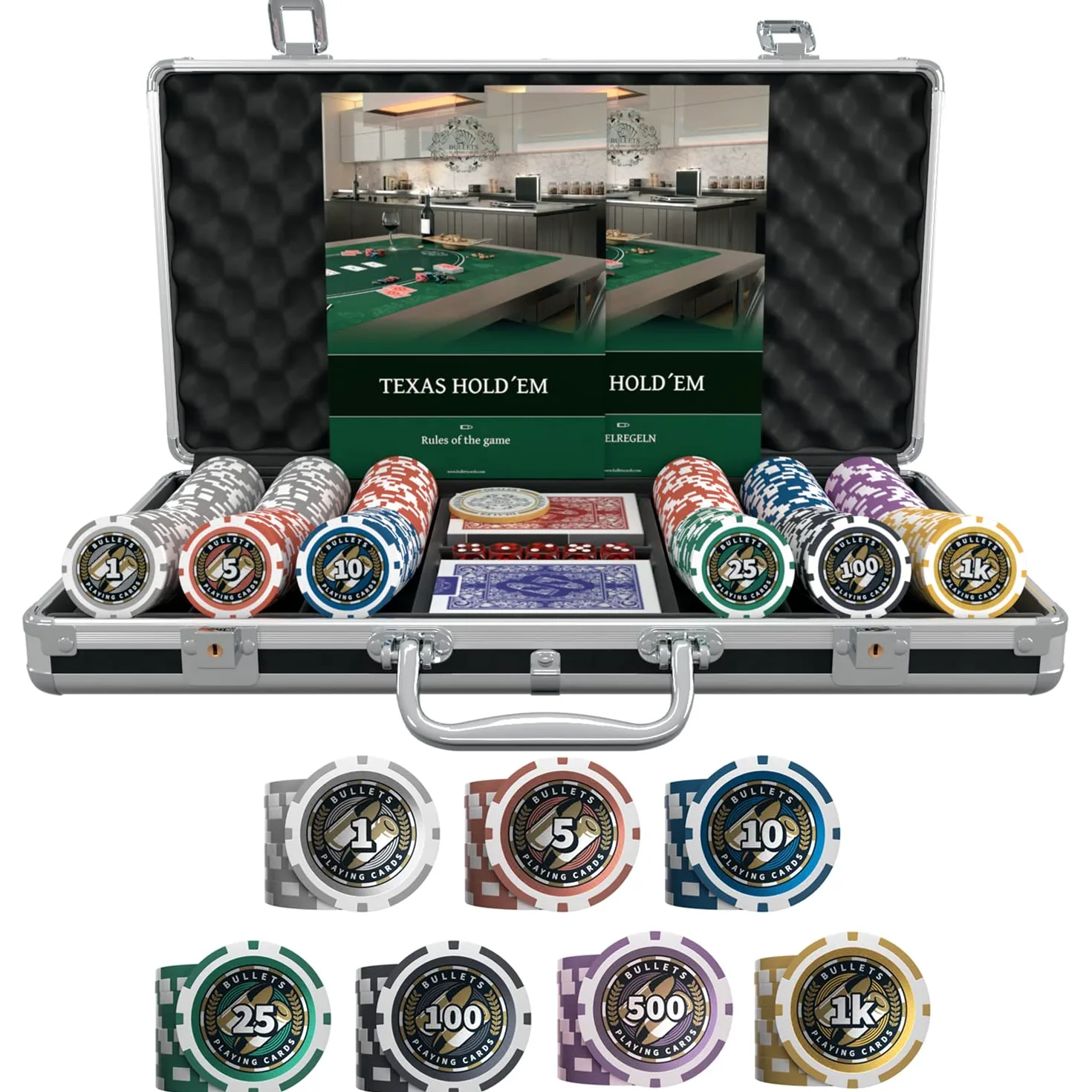 Bullets Playing Cards, Valigetta da poker Christopher, Set da poker con 300 chip in plastica, con pulsante di dealer in ceramica, confezione doppia di carte da poker