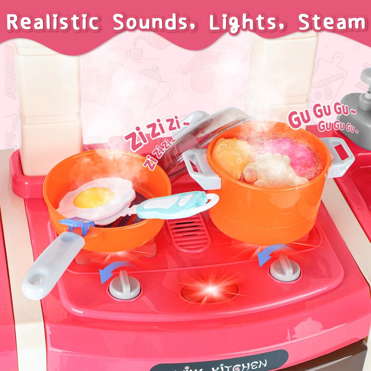 deAO Cucina Giocattolo per Bambini, Gioco di Ruolo da Cucina in Miniatura con Luce Suono Acqua Vapore e Accessori da Cucina, Cucina Studio con Frigorifero Lavastoviglie Fornello Lavello Forno Cibo
