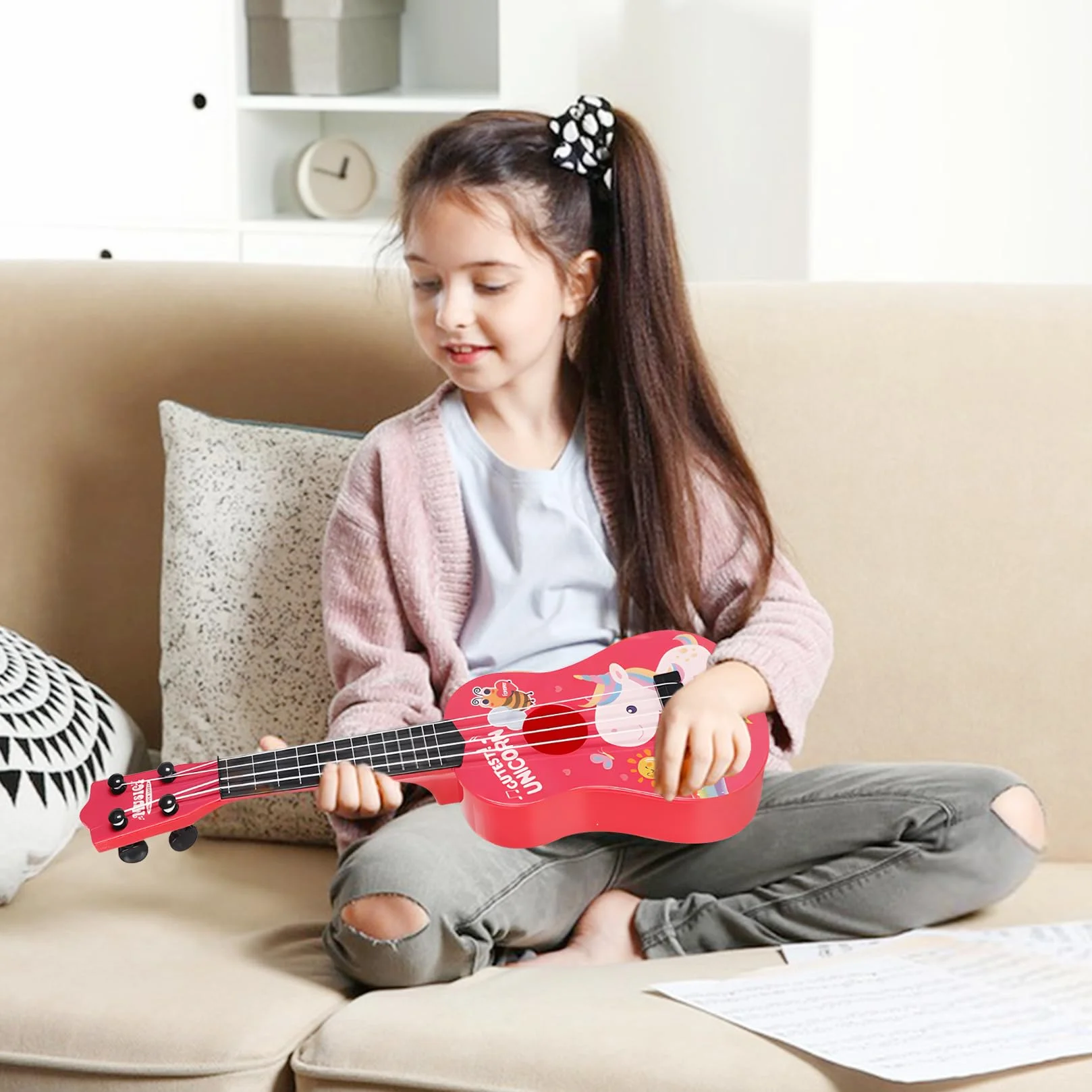 42cm Chitarra per Bambini e Ragazzi - Ukulele con 4 Corde Regolabili, Giocattolo Musicale per Principianti