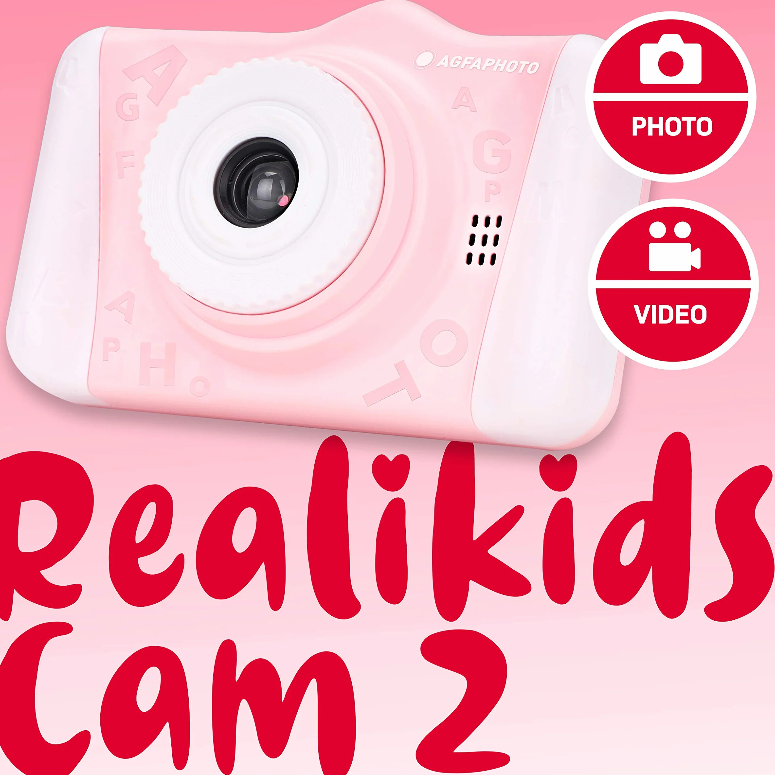 AgfaPhoto Macchina fotografica bambini | Realikids Cam 2 HD digitale per bambini con slot per schede SD | Batteria al litio e design ergonomico | Rosa fotocamera bambini con solida impugnatura